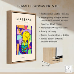 Matisse Art Prints - Yellow Cat with Fishbowl Geometric Poster displayed in a framed canvas print with specifications.