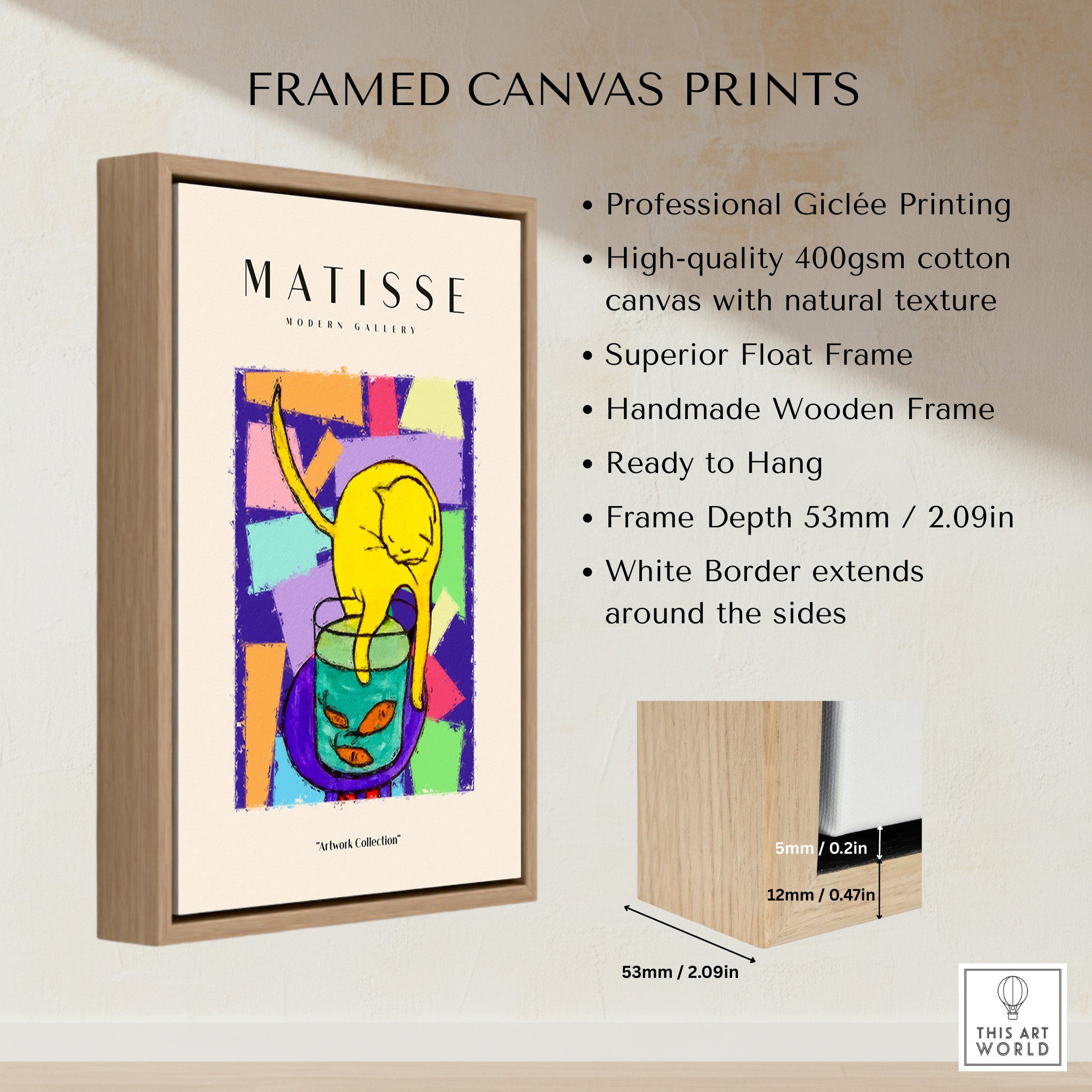 Matisse Art Prints - Yellow Cat with Fishbowl Geometric Poster displayed in a framed canvas print with specifications.