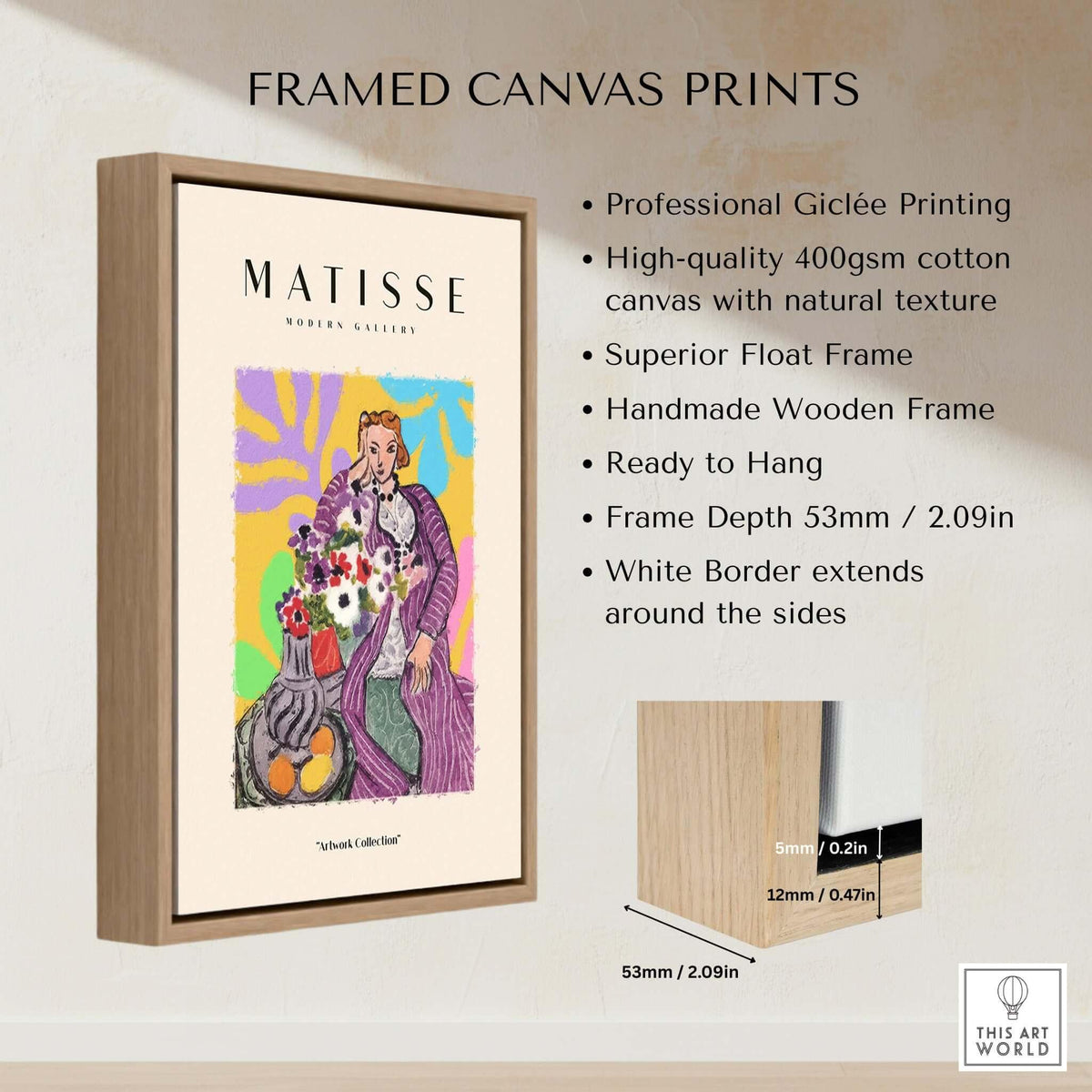 Matisse Art Prints - Stylized Woman with Flowers Fruit Still Life Interior Poster framed print with wooden frame