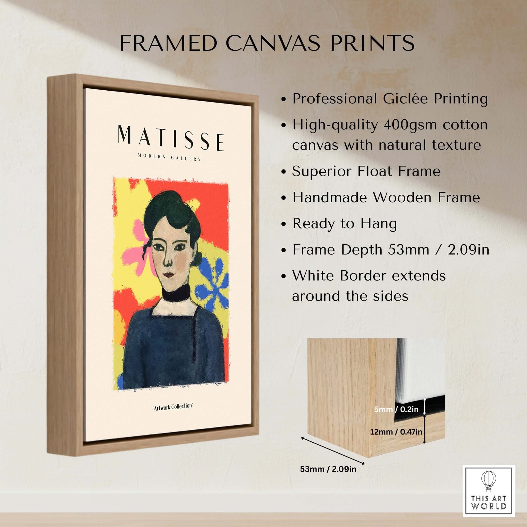 Matisse Art Prints - Woman Portrait Abstract Floral Poster featuring a framed canvas print with vibrant colors.