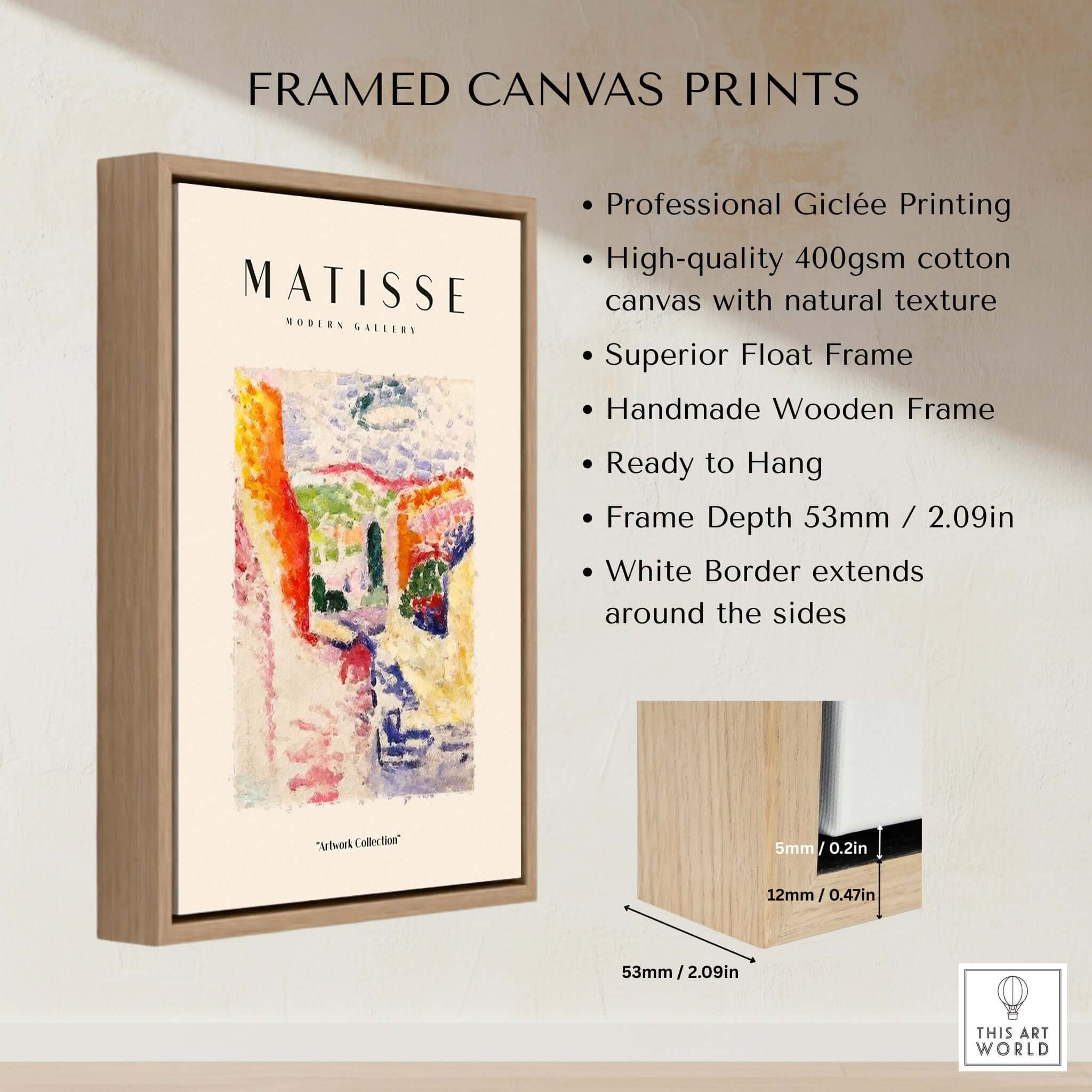 Matisse Art Prints - Abstract Fauvist Poster showcasing framed canvas print with Giclée printing and wooden frame.