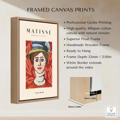 Matisse Art Prints - Woman in Elaborate Hat Portrait Poster displayed in a high-quality wooden frame with natural texture.