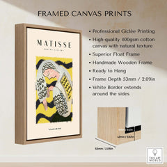 Framed canvas print featuring Matisse Art Prints - Resting Woman Patterned Blouse Yellow in a superior float frame.
