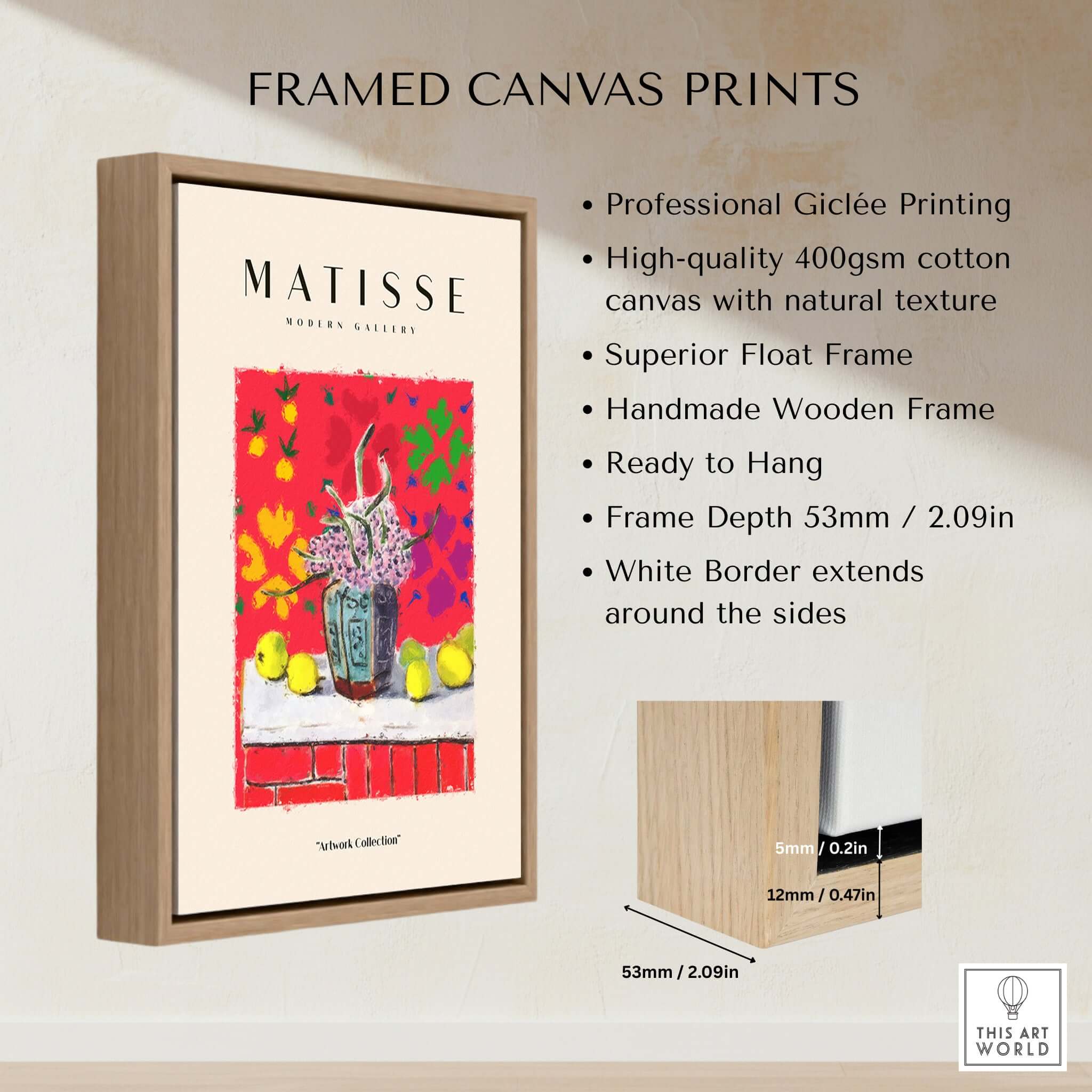 Matisse Art Prints - Still Life Flowers Lemons Red Pattern Poster displayed in a framed canvas print with wooden frame.