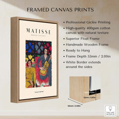 Matisse Art Prints - Two Women Guitar Interior Scene Poster in a wooden frame with dimensions and features highlighted.