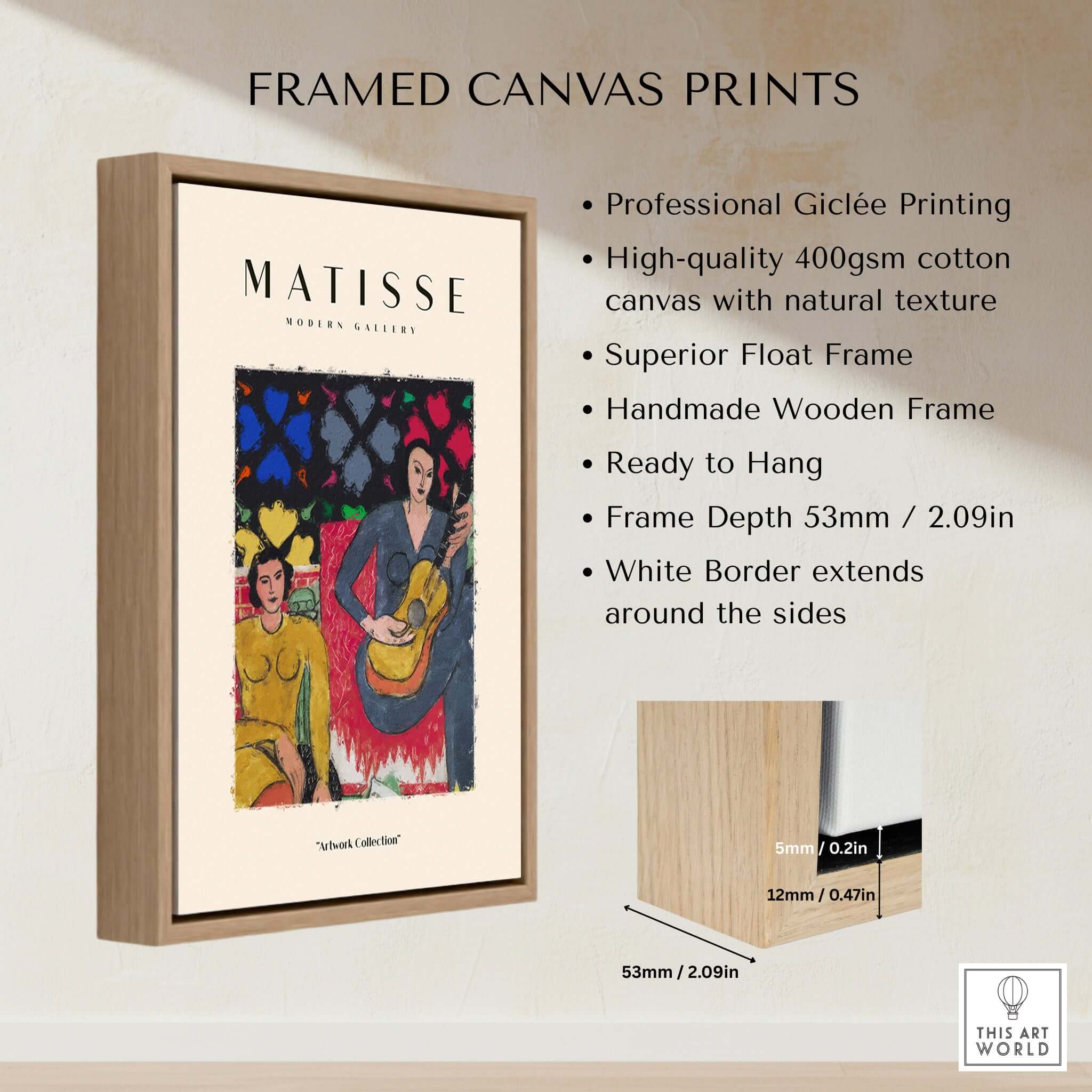 Matisse Art Prints - Two Women Guitar Interior Scene Poster in a wooden frame with dimensions and features highlighted.