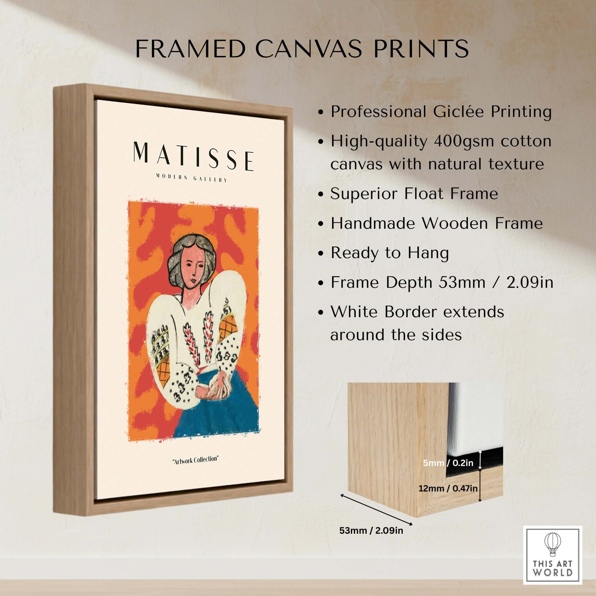 Matisse Art Prints - Woman White Blouse Blue Skirt Portrait Poster displayed in a wooden frame with high-quality giclée printing