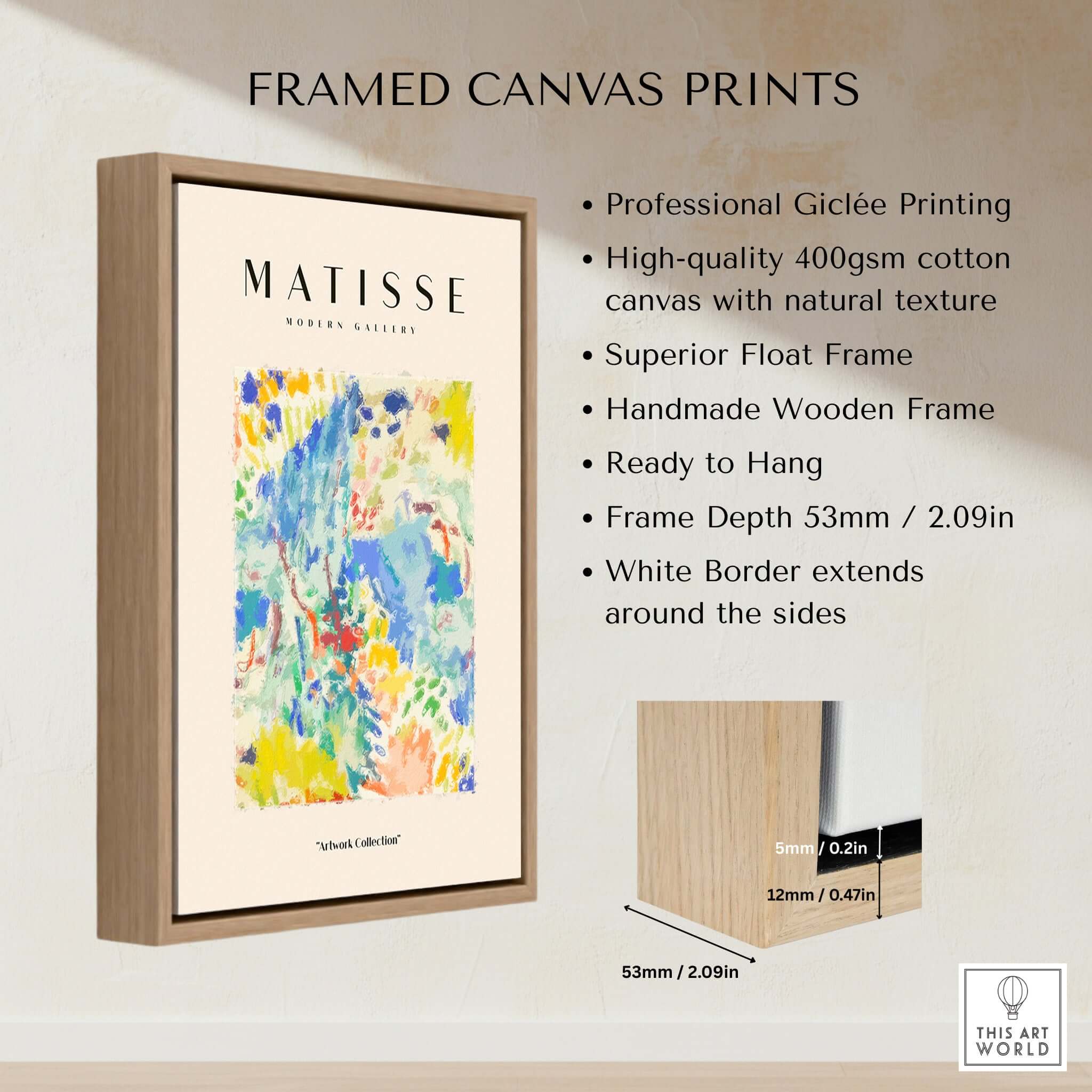 Matisse Art Prints - Abstract Vibrant Landscape Painterly Poster displayed in a modern wooden frame on a wall.