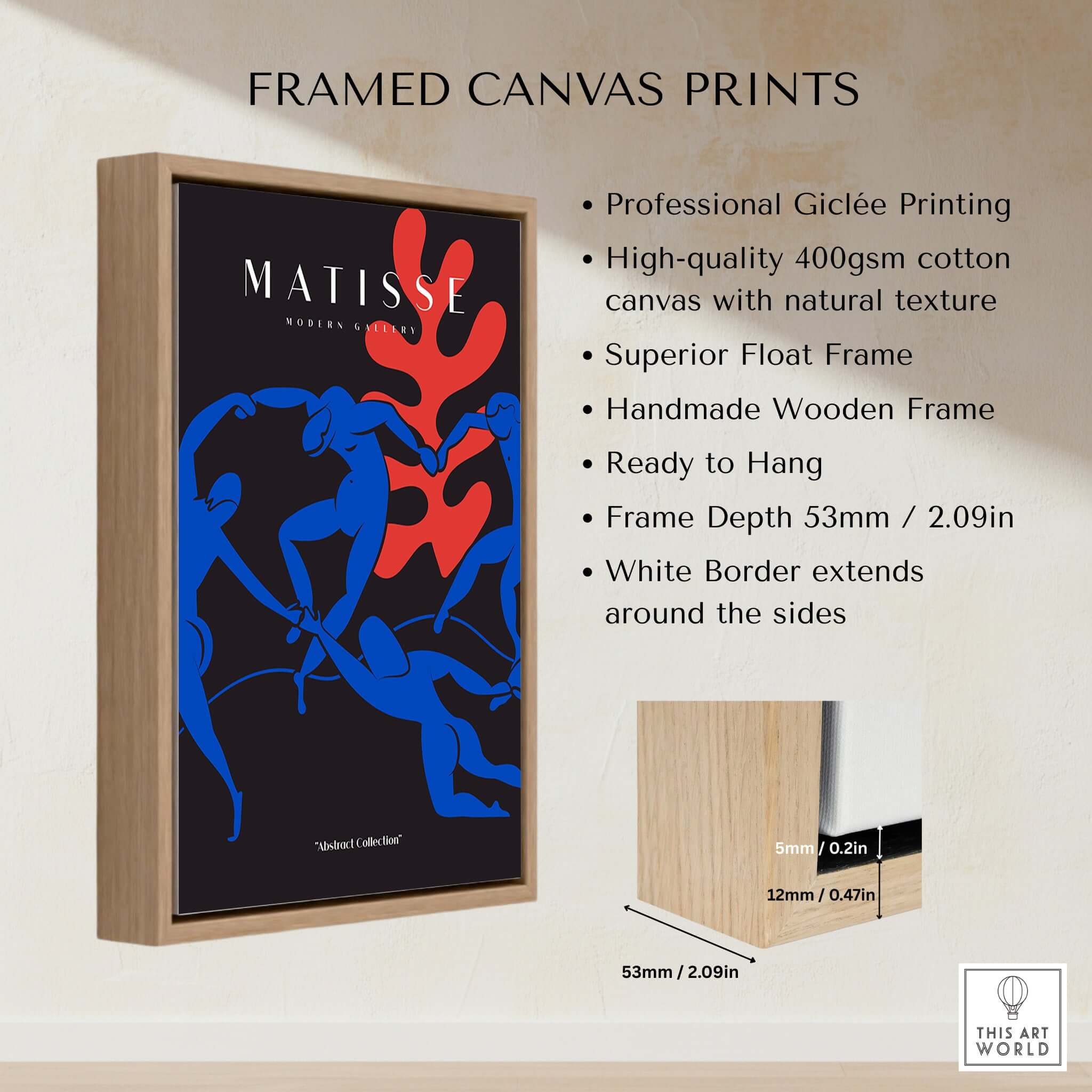 Matisse Art Prints -  Dance Blue Figures Poster showcased in a framed canvas with professional giclée printing.