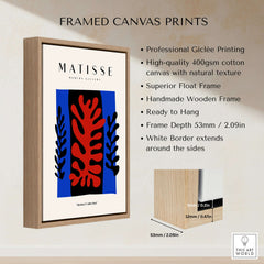 Matisse Art Prints - Red Coral Black Leaves Blue Frame Poster displayed in a professional giclée print framed canvas.