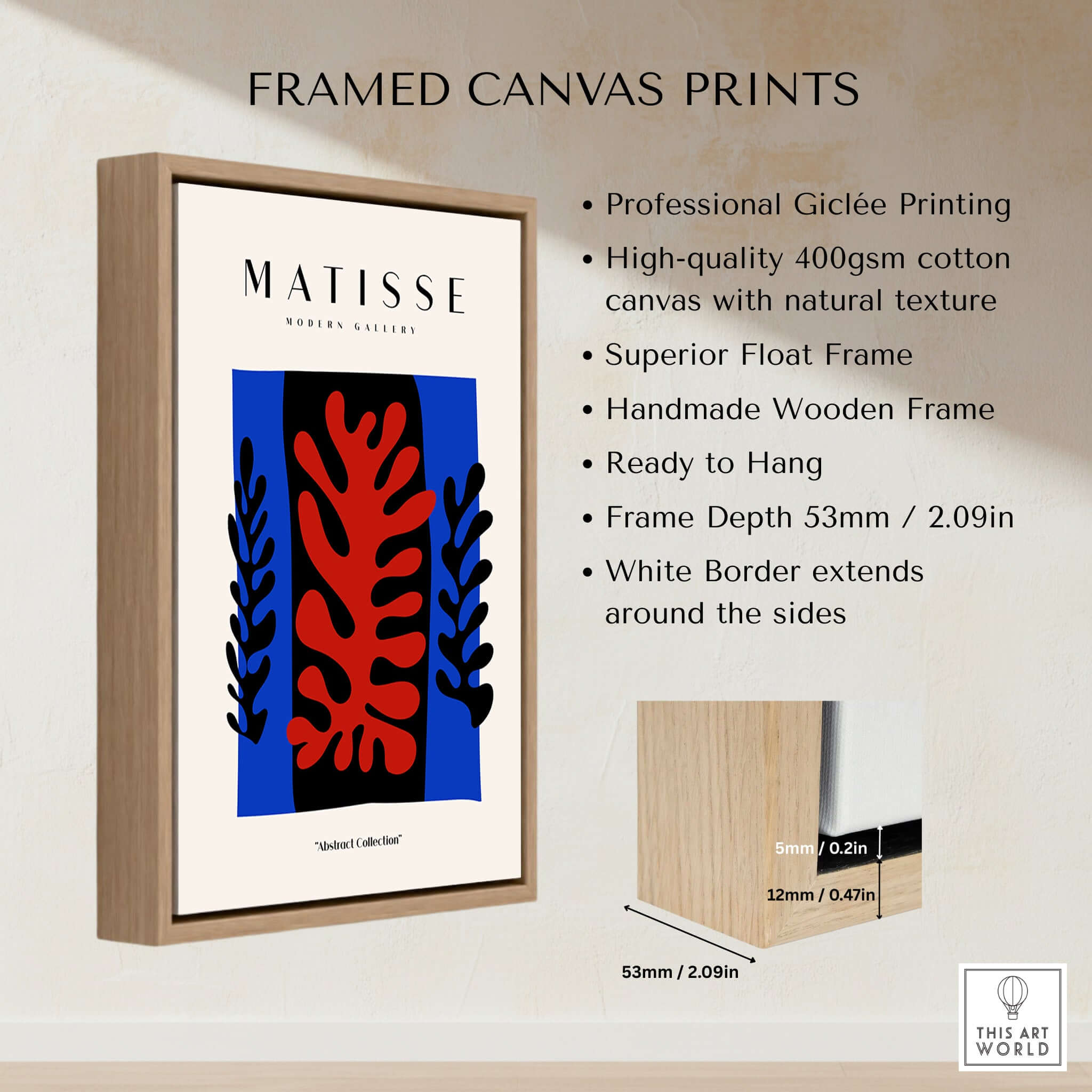 Matisse Art Prints - Red Coral Black Leaves Blue Frame Poster displayed in a professional giclée print framed canvas.