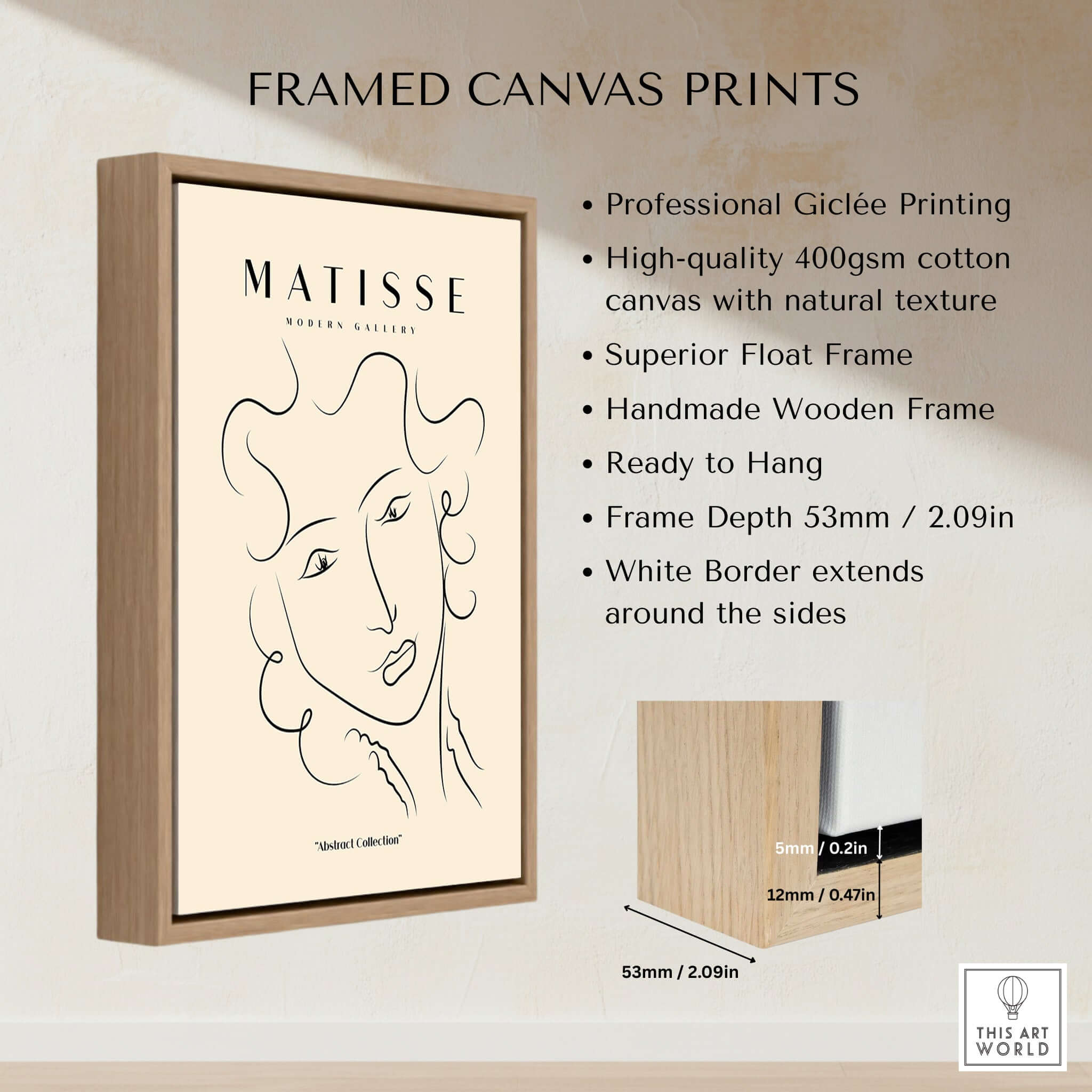 Matisse Art Prints -  Line Art Ladies Face with Wavy Hair Minimalist Poster - Framed Canvas Print features.