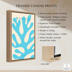 Matisse Art Prints - Blue Coral Abstract Botanical Art Print Poster in a framed canvas design with a wooden frame.