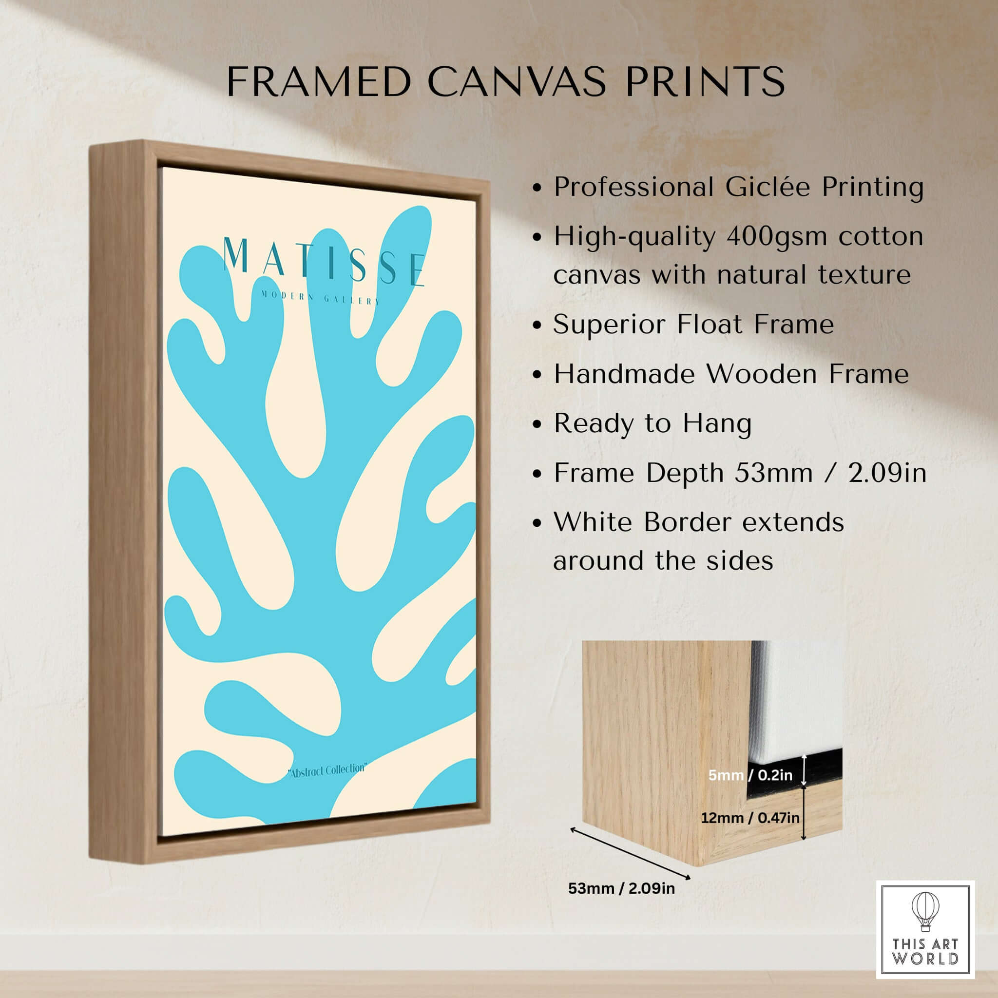 Matisse Art Prints - Blue Coral Abstract Botanical Art Print Poster in a framed canvas design with a wooden frame.