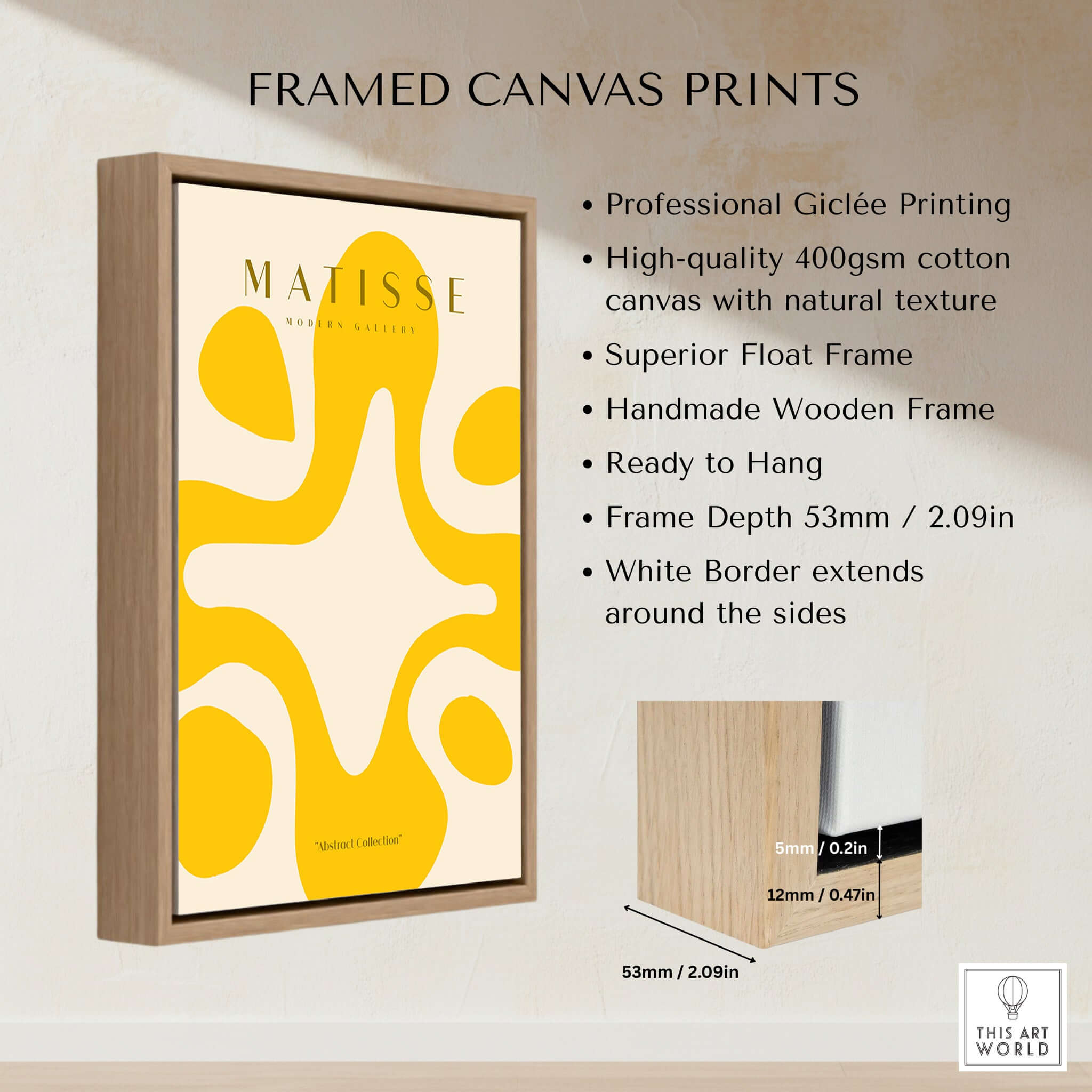 Matisse Art Prints - Yellow Abstract Fluid Shape Poster showcased in a high-quality framed canvas print.