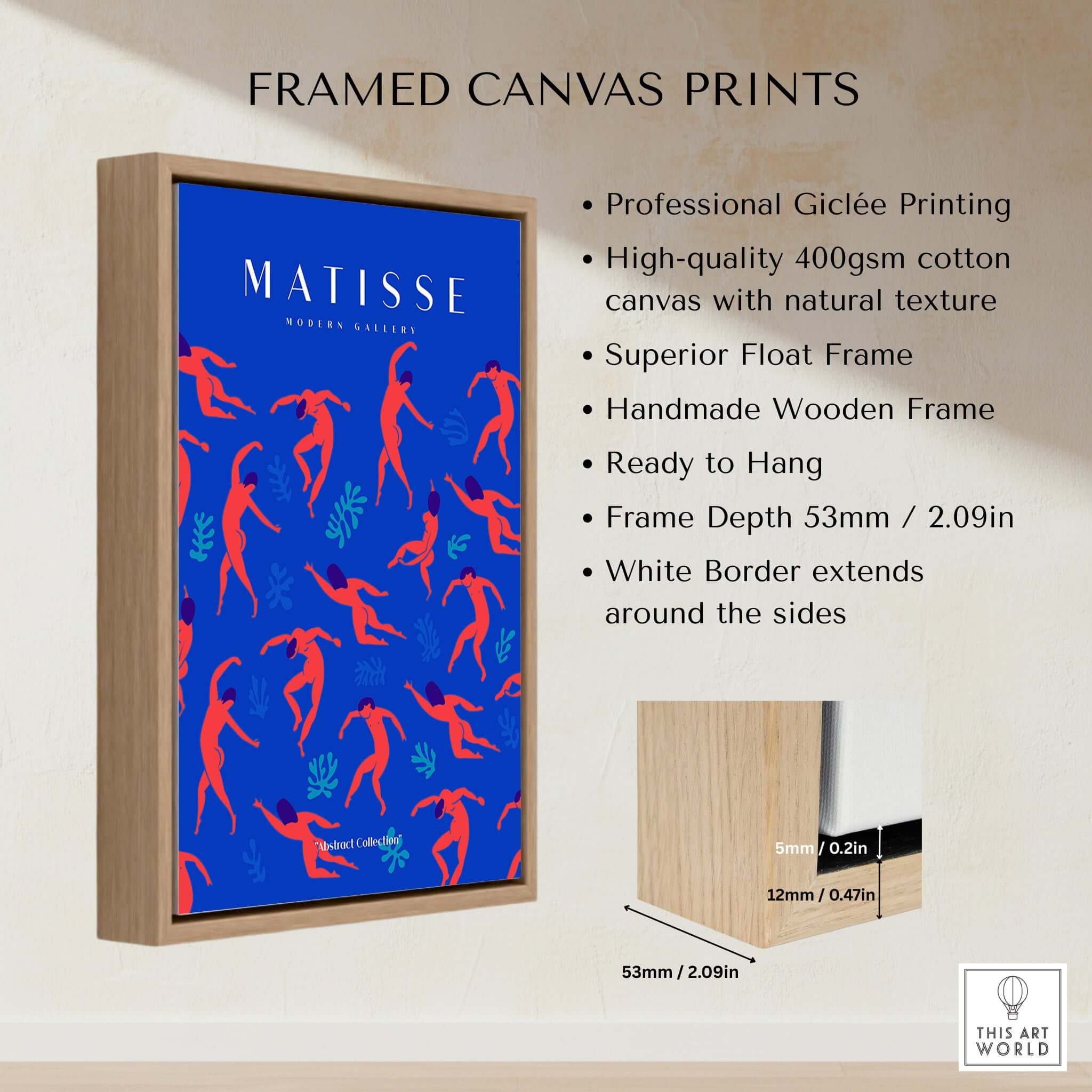 Matisse Art Prints - Dancing Figures Pattern Red Blue Poster framed canvas print showcasing vibrant colors and hand-crafted frame.