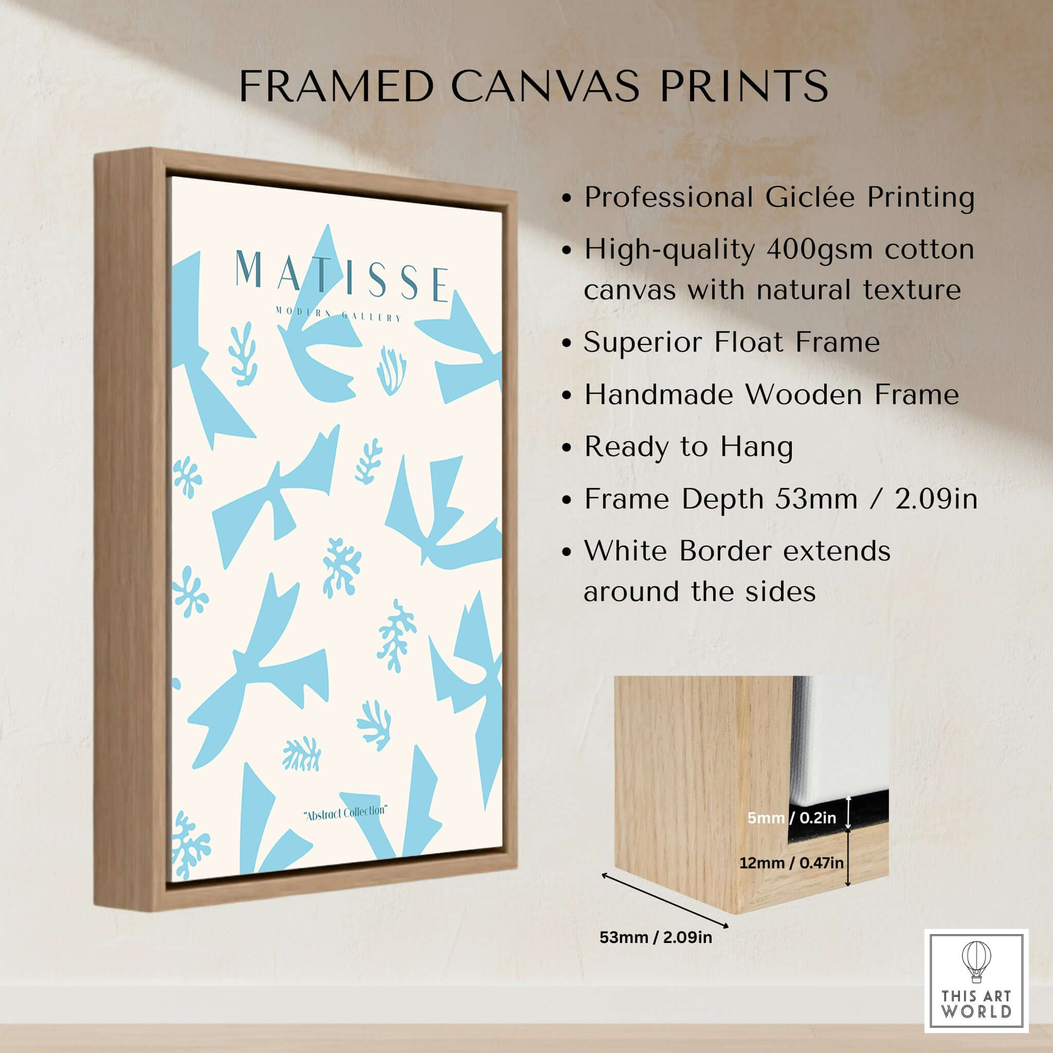 Matisse Art Prints -Blue Abstract Birds Botanical Pattern Poster displayed in a professional frame with natural wood.