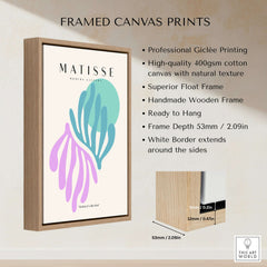 Matisse Art Prints -Teal Pink Abstract Leaves Sun Poster framed canvas print with professional Giclée printing and wooden frame.