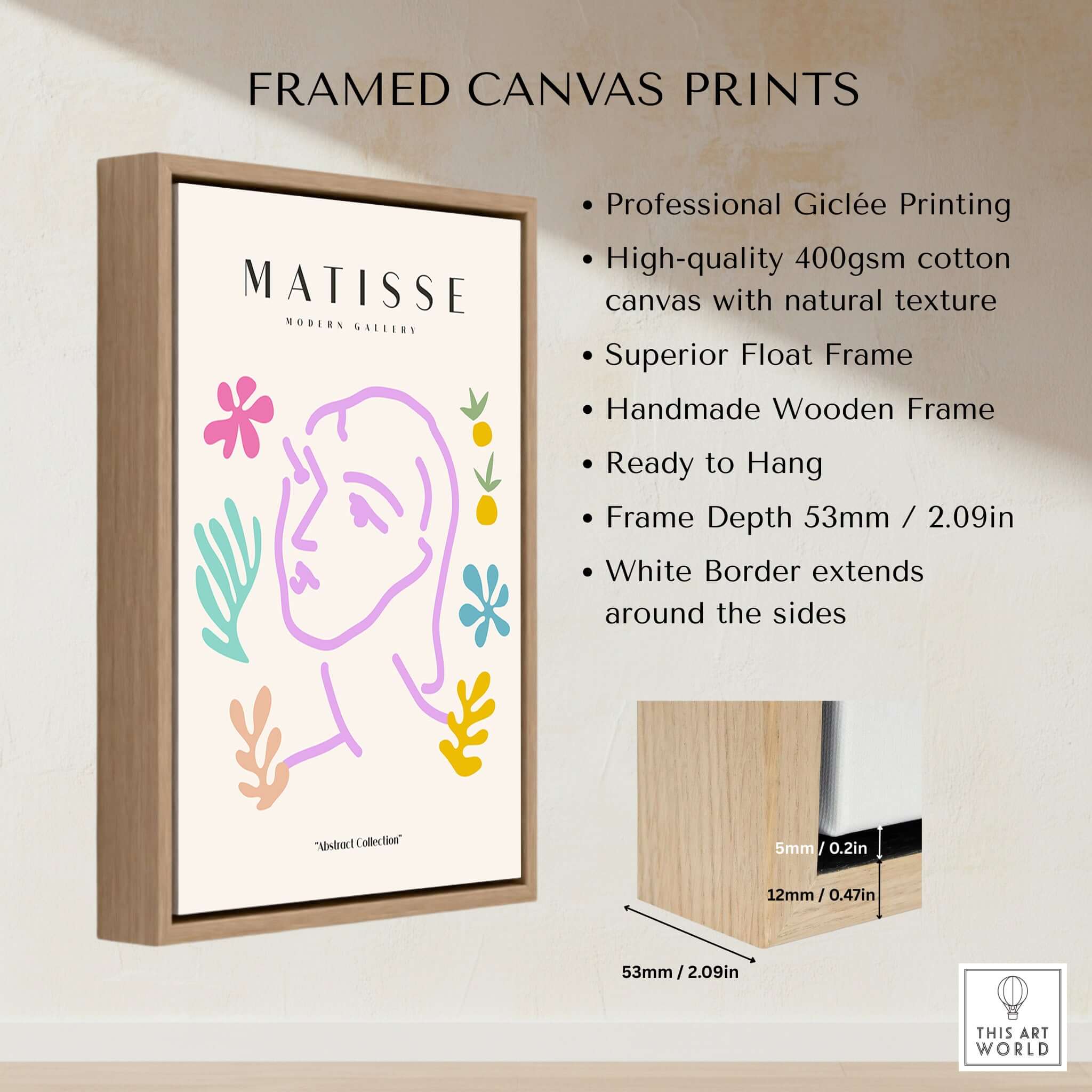 Matisse Art Prints -Line Art Face Abstract Botanical Collage Poster displayed in a wooden frame with giclée quality.
