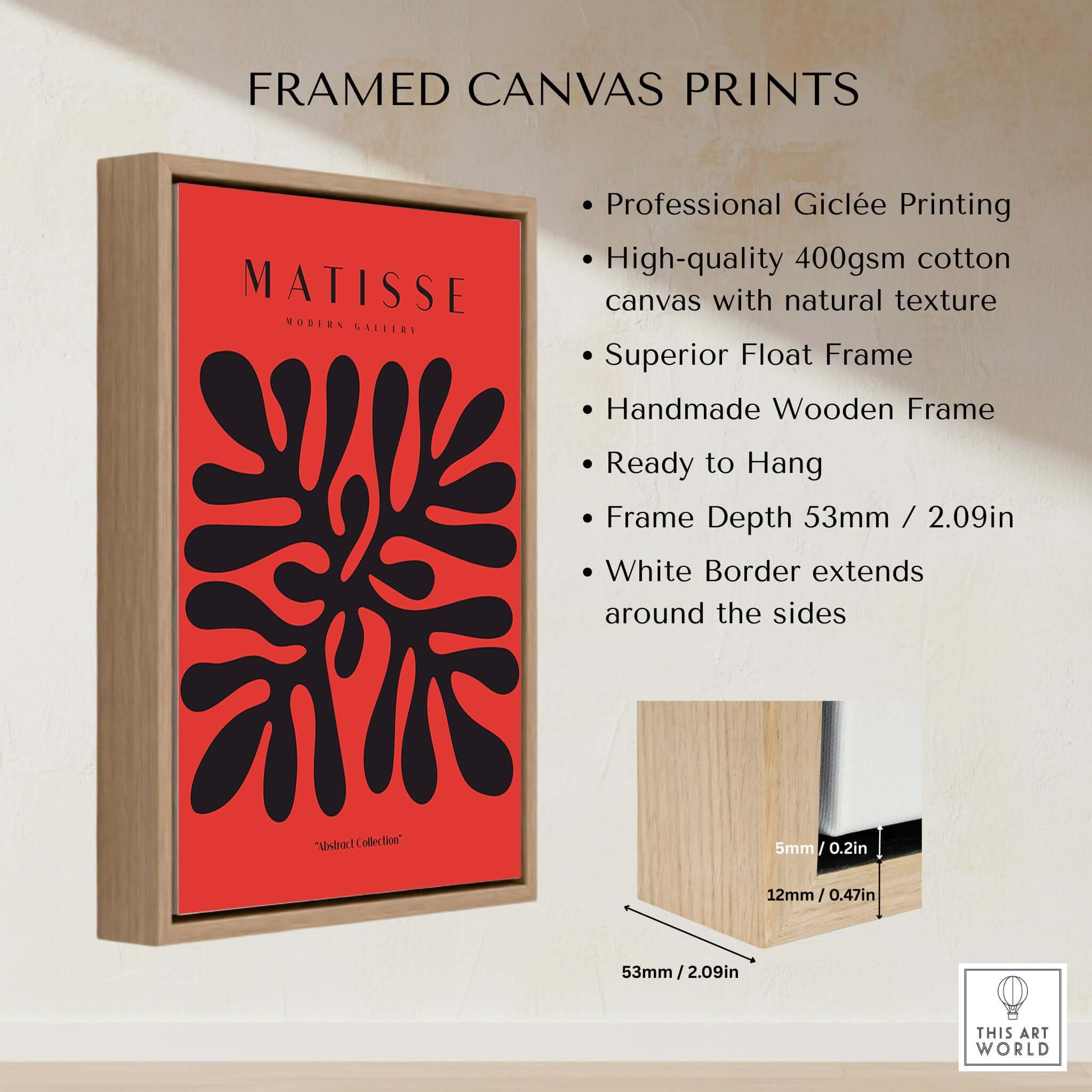 Matisse Art Prints -  Black Abstract Coral Shape Red Poster framed canvas print showcasing professional giclée printing.
