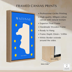Matisse Art Prints - Blue Abstract Profile with Yellow Dots Poster displayed in a sleek wooden frame with detailed specs.