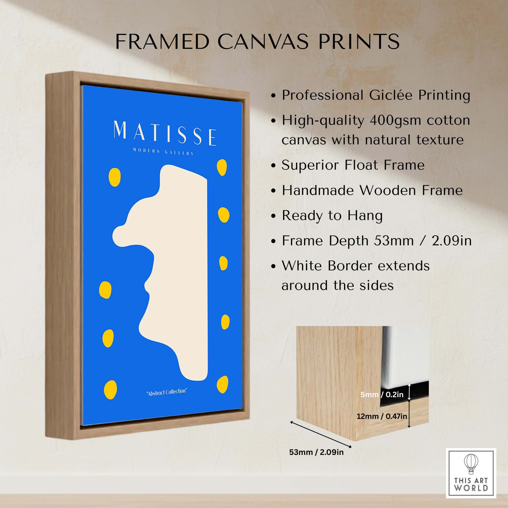Matisse Art Prints - Blue Abstract Profile with Yellow Dots Poster displayed in a sleek wooden frame with detailed specs.