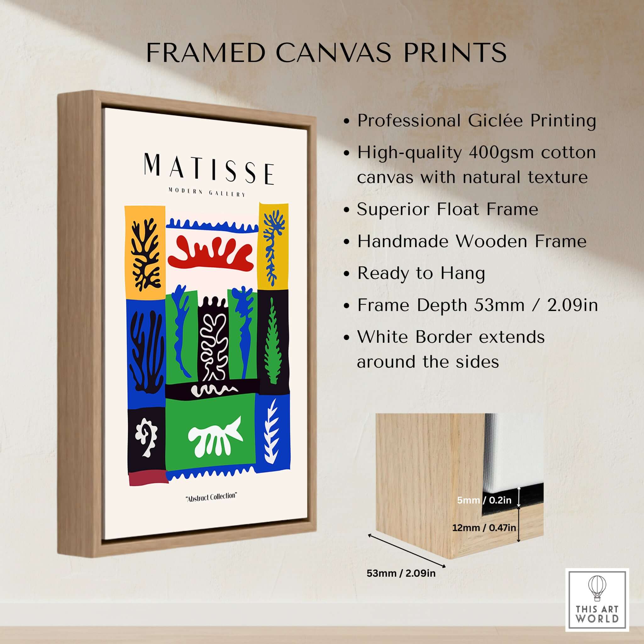 Matisse Art Prints -  Complex Abstract Botanical Patchwork Poster framed in high-quality wooden frame.