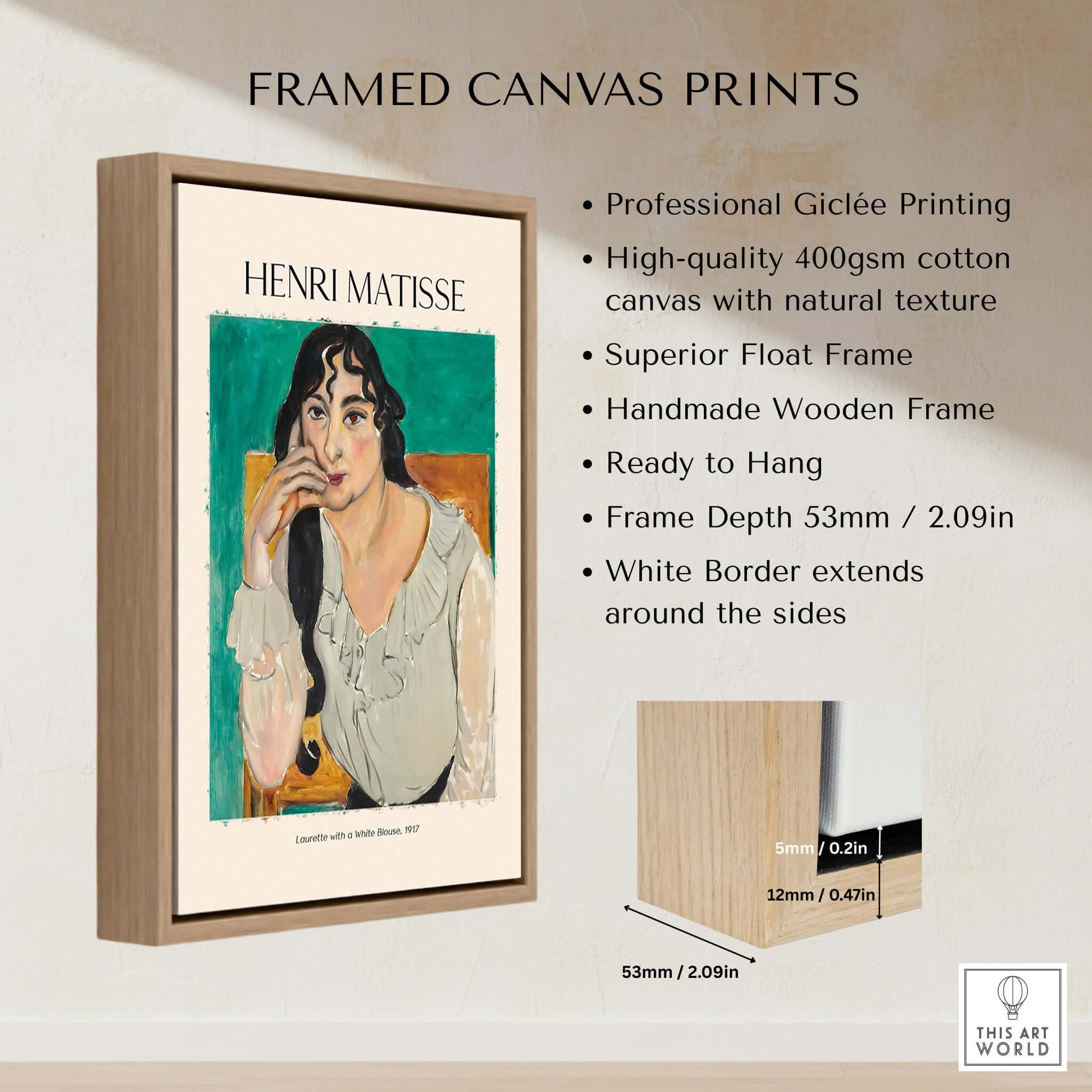 Matisse Poster - Laurette with a White Blouse 1917 Art Print framed canvas featuring Henri Matisse's portrait.