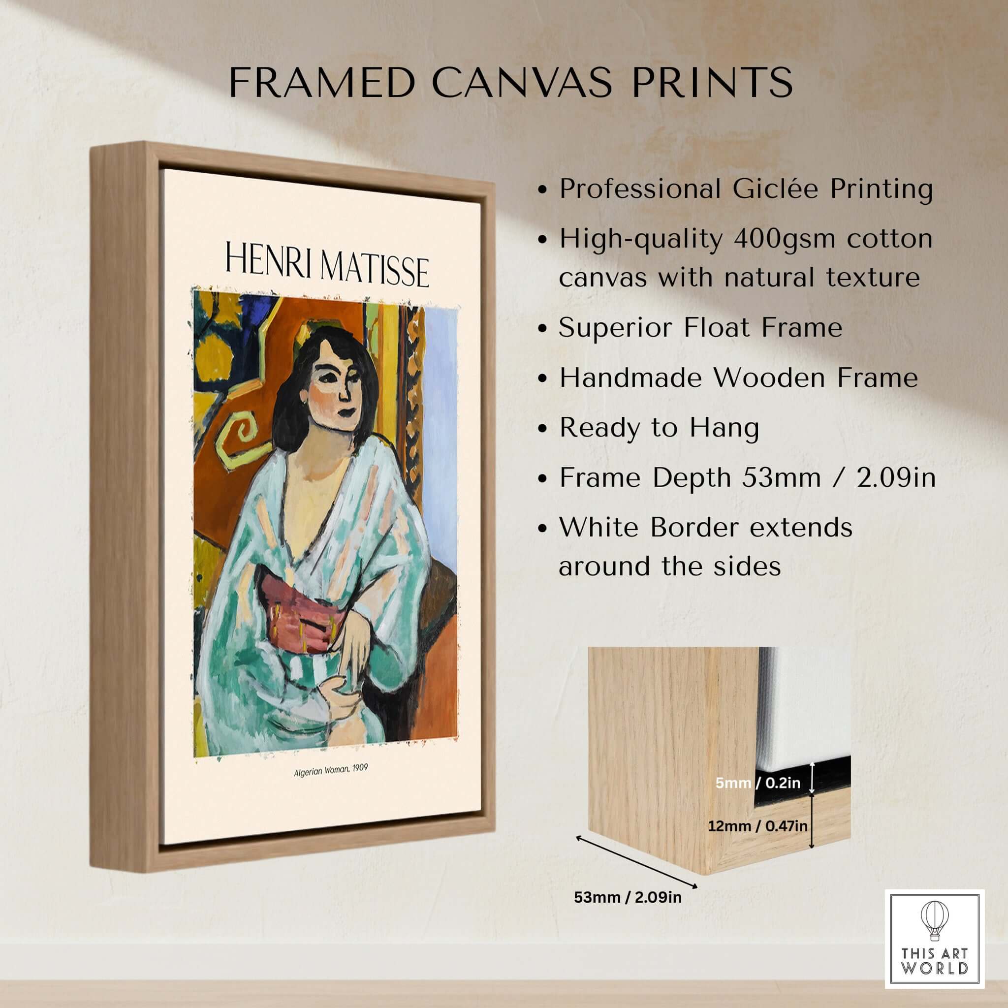 Matisse Poster - Algerian Woman 1909 Fauvist Wall Art Print framed canvas with professional giclée printing display.