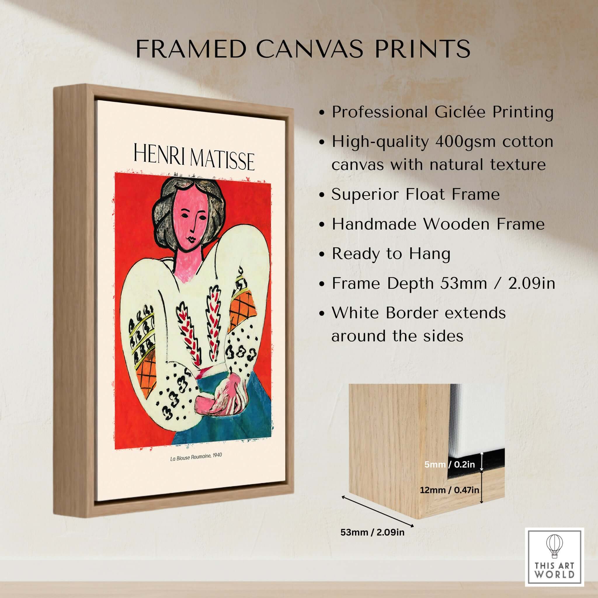 Matisse Poster - La Blouse Roumaine 1940 Famous Art Print framed canvas with professional giclée printing.