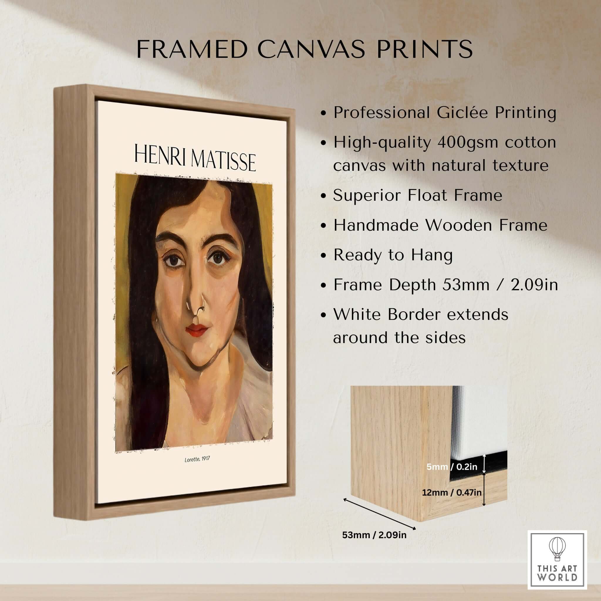 Matisse Art Print - Lorette 1917 Portrait Poster Print framed and displayed, showcasing quality giclée printing and wooden frame.