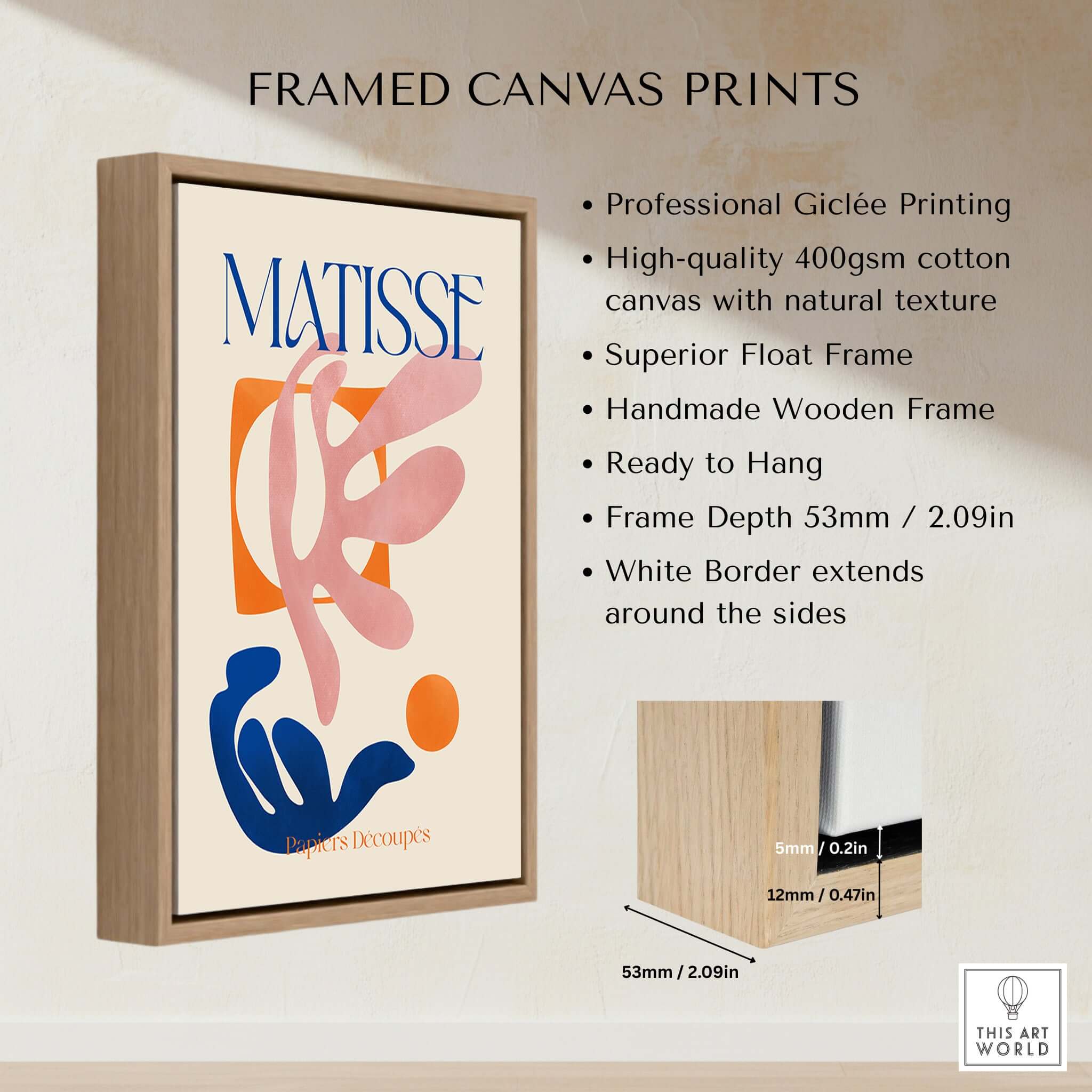 Matisse Papiers Découpés Pink Blue Abstract Art Print framed canvas with natural texture and superior float frame.