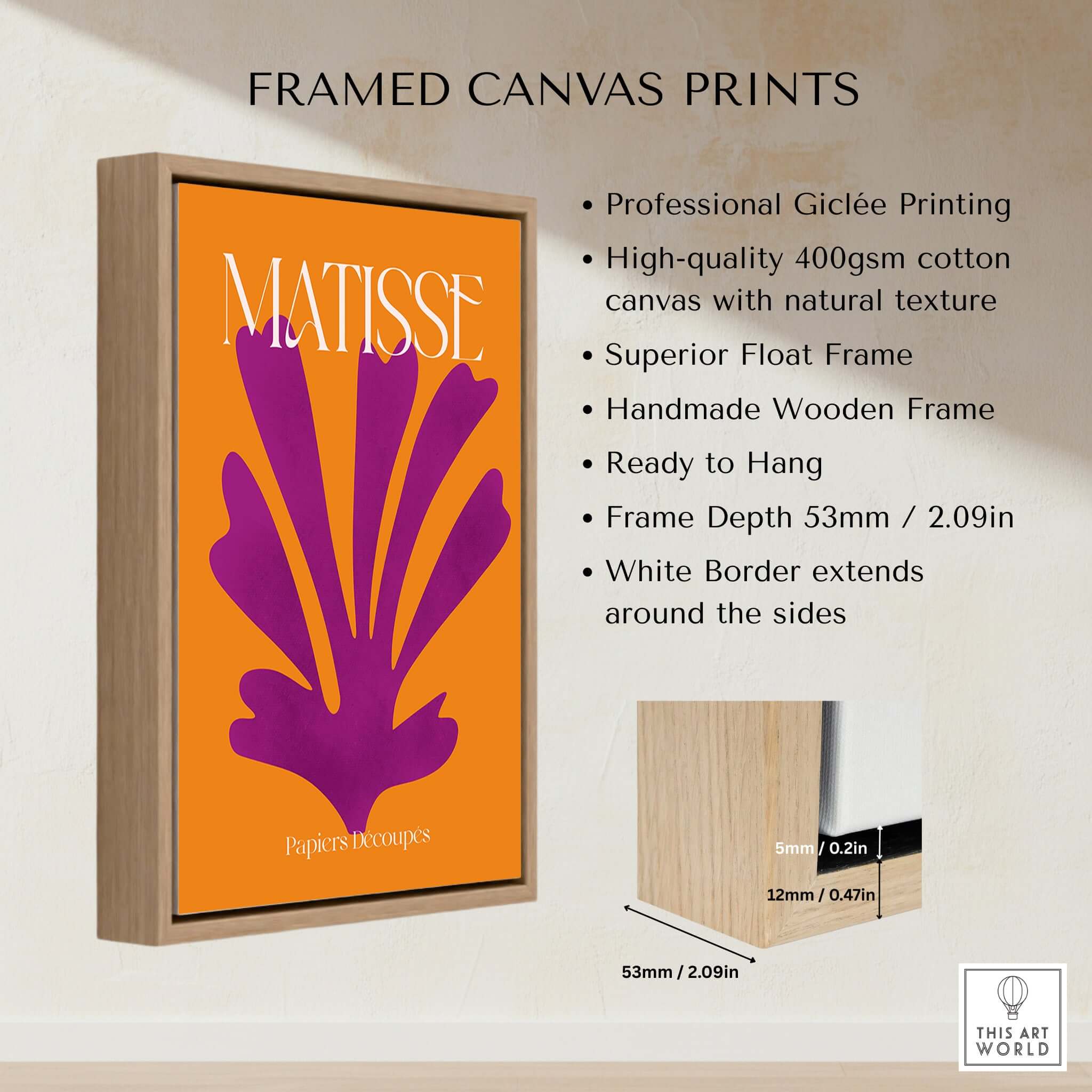 Matisse Papiers Découpés Purple Cut Out on Orange Background Abstract Art Print framed canvas with wooden frame.