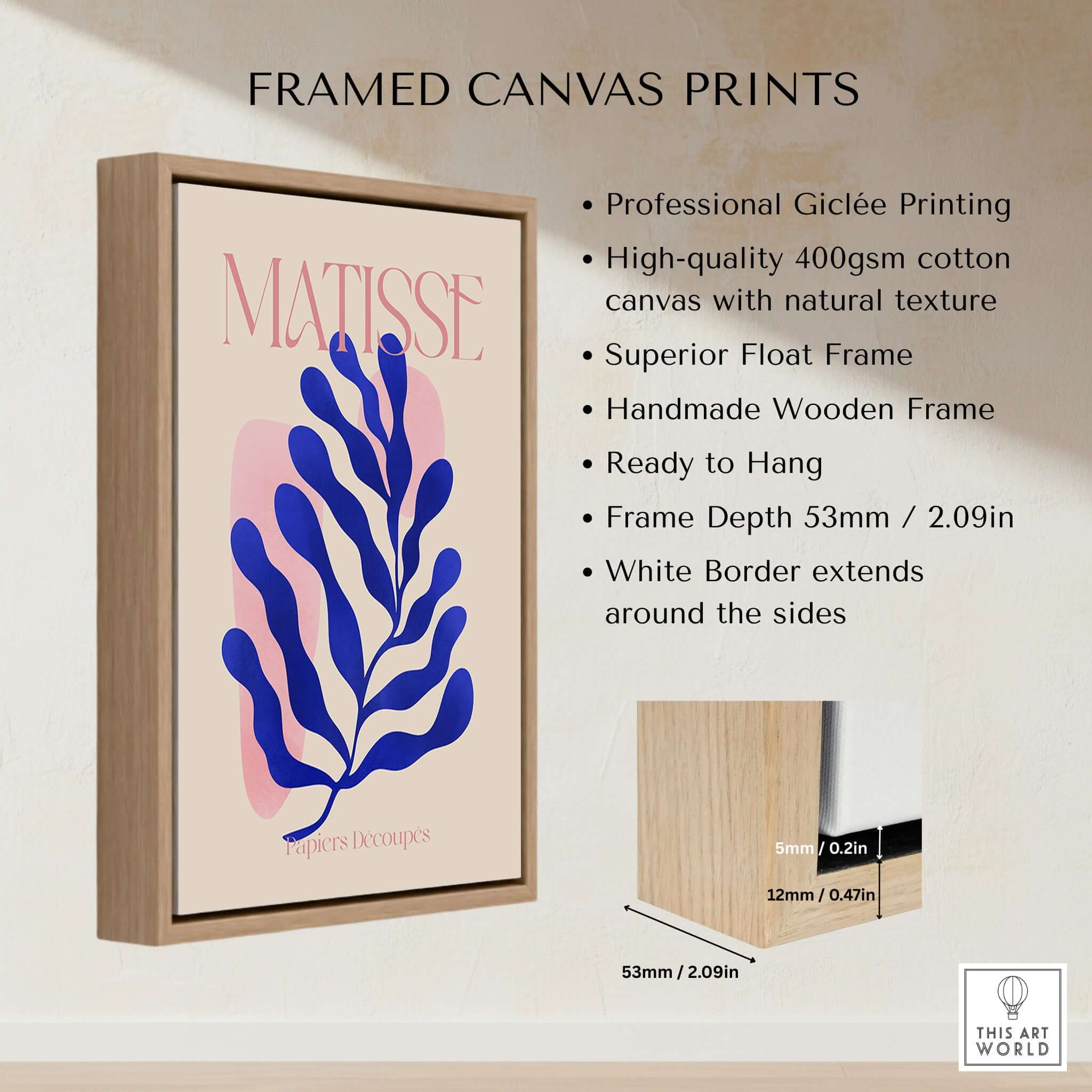 Matisse Blue Leaf Abstract Papiers Découpés Wall Art Print framed canvas with wooden frame showcasing the elegant design.