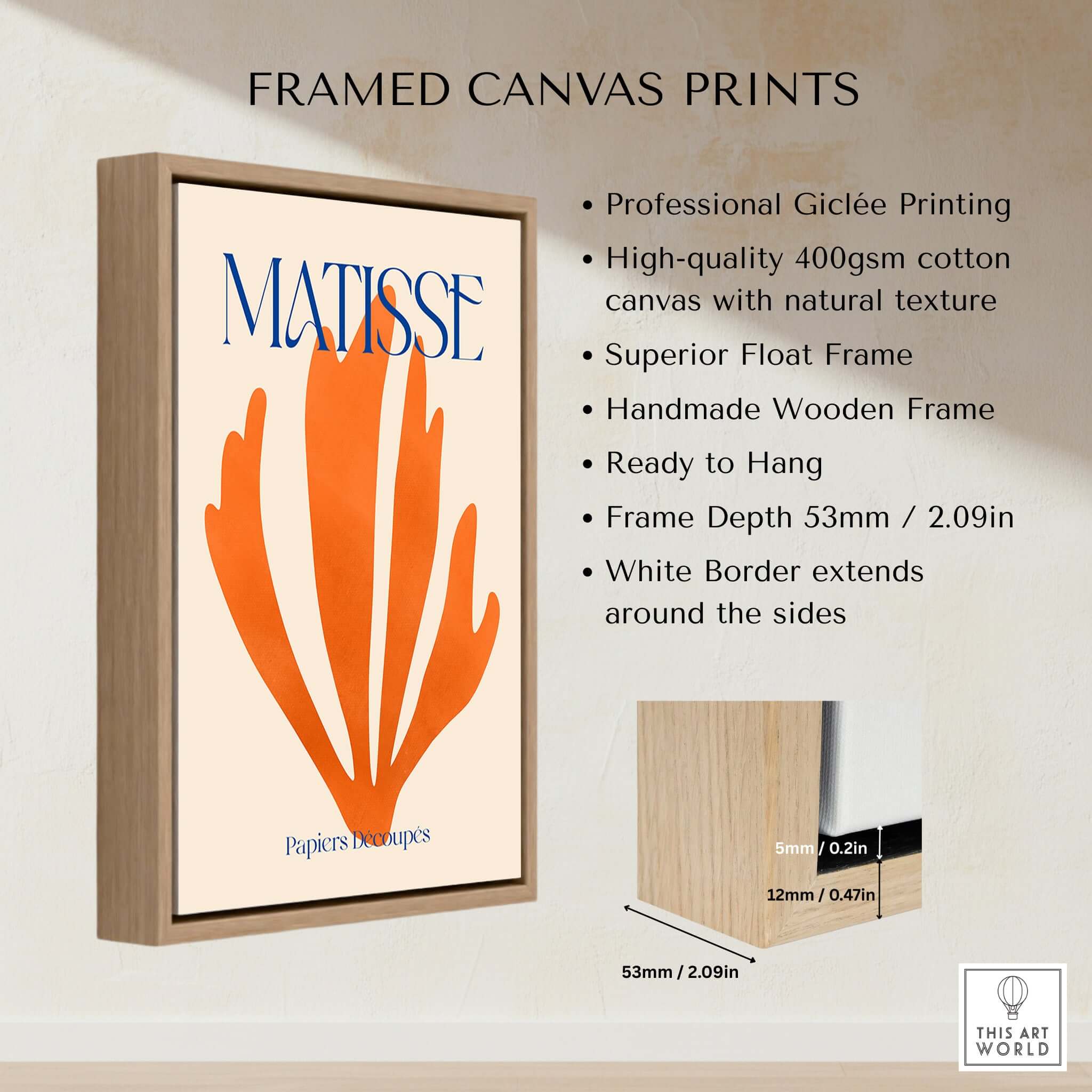 Matisse Papiers Découpés Orange Abstract Botanical Cut Out Art Print framed in a wooden frame with white border.