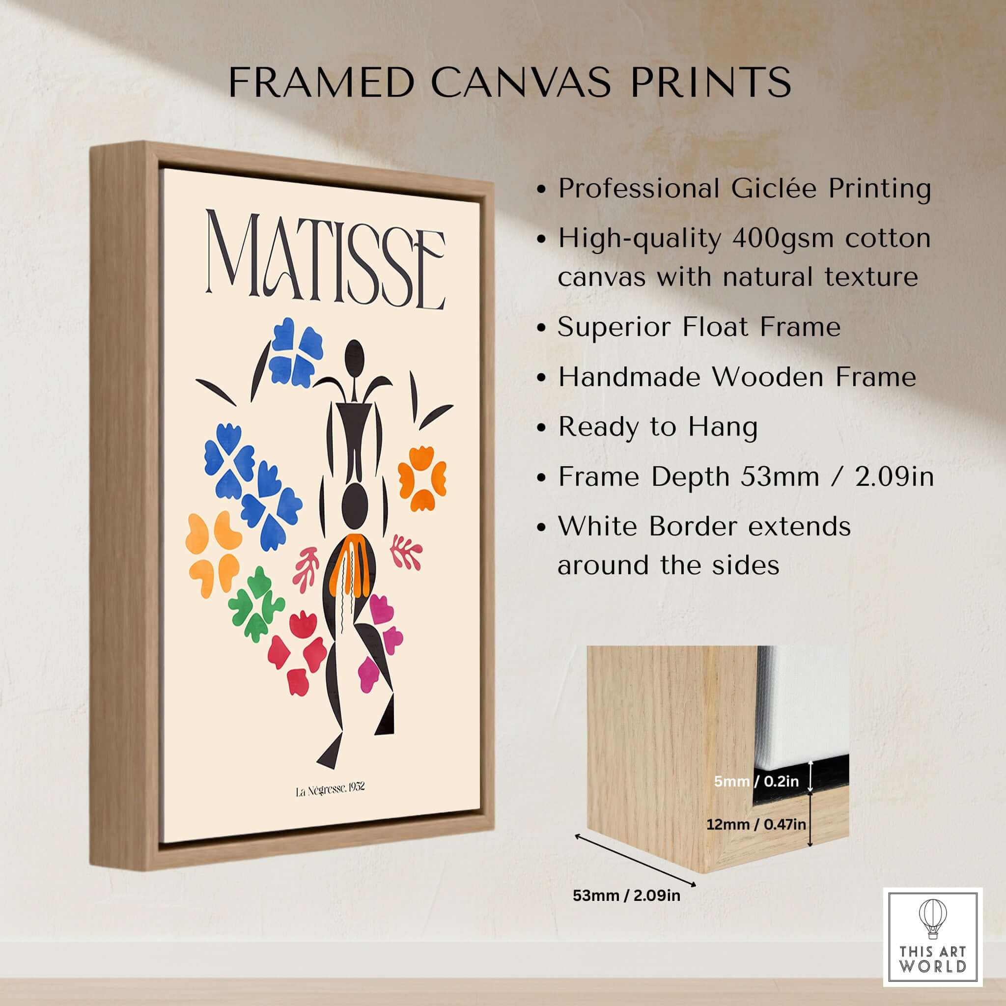 Matisse Art Print - La Négresse 1952 Poster framed canvas print with colorful floral design