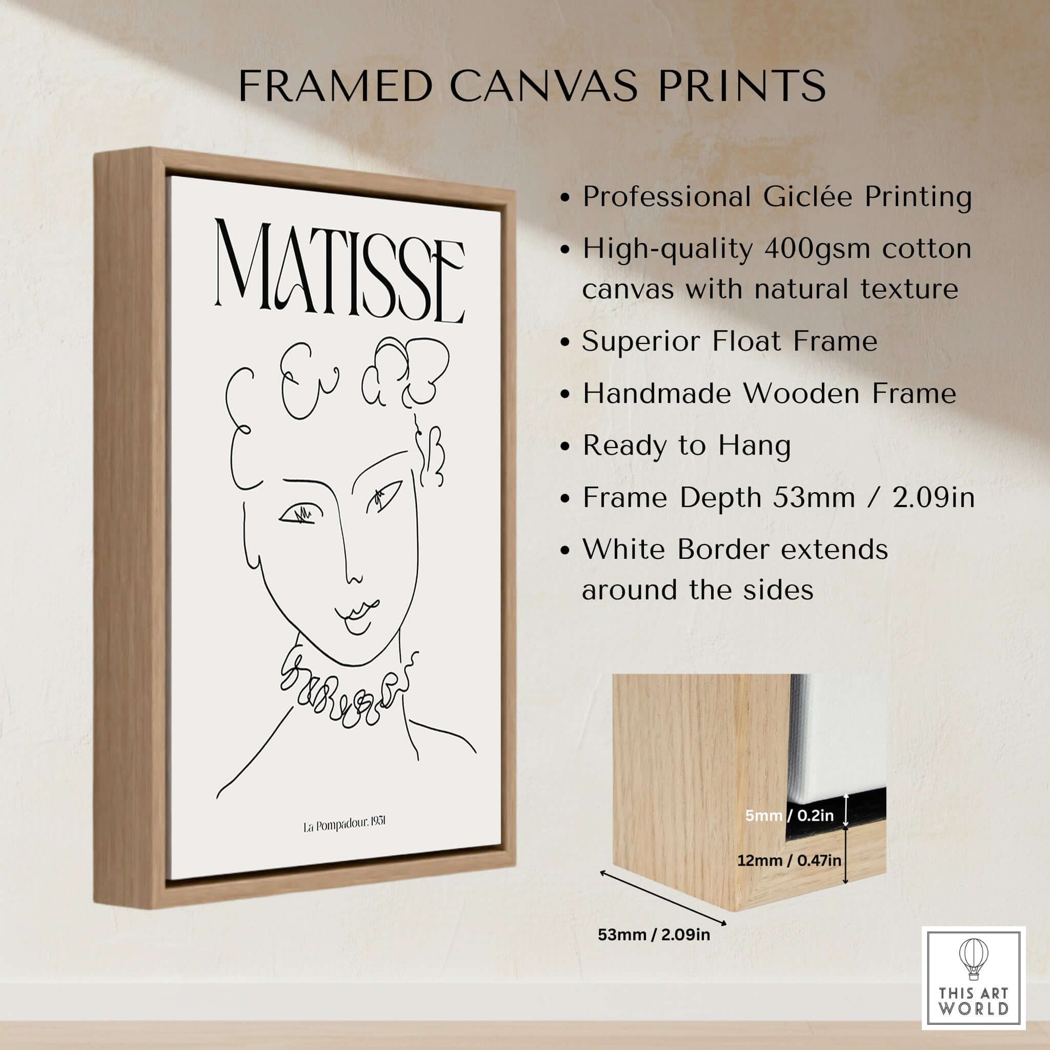 Matisse Art Print La Pompadour 1951 Minimalist Line Drawing Poster framed canvas print with professional giclée printing.