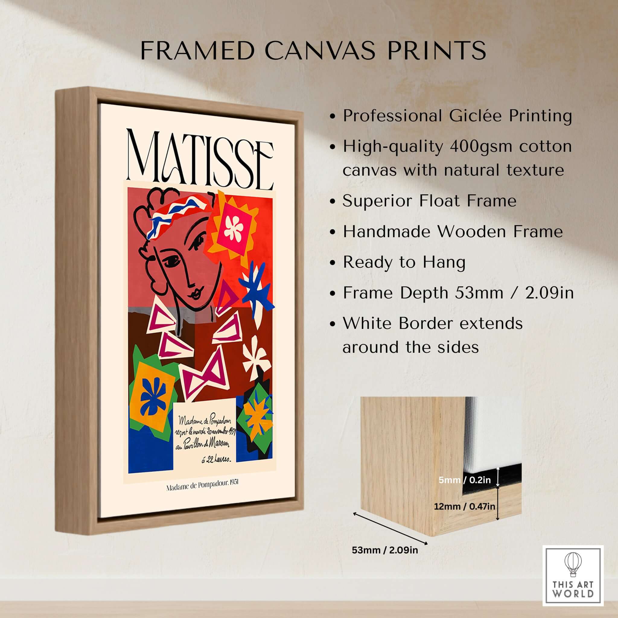 Matisse Art Print Madame de Pompadour 1951 Abstract Collage Poster showcasing framed canvas with vibrant design.