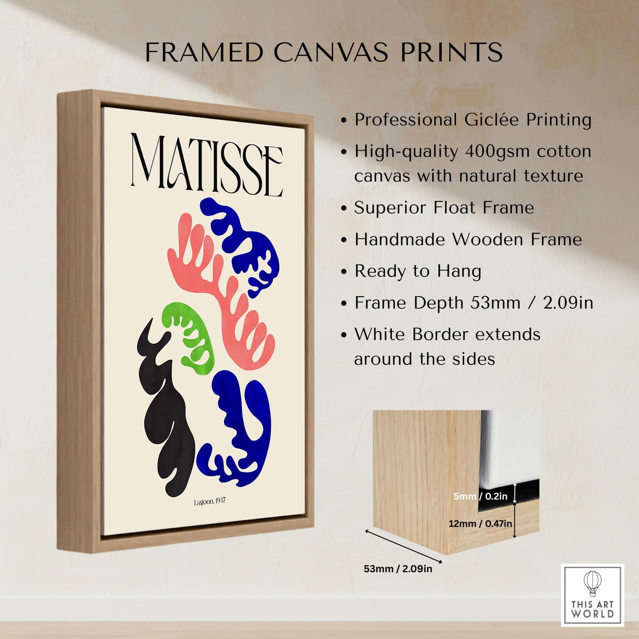 Matisse Art Print Lagoon 1947 Abstract Organic Shapes Wall Art Print framed canvas with colorful shapes and white border