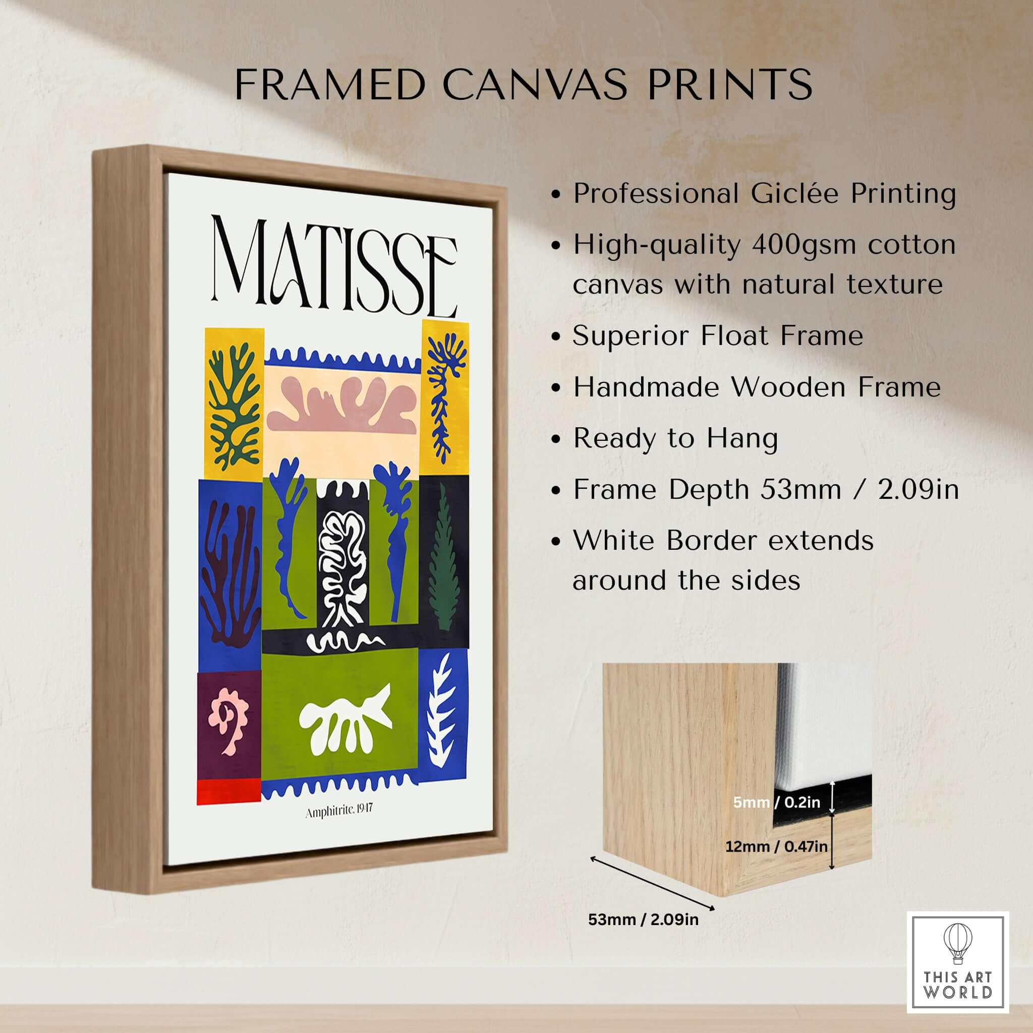 Matisse Amphitrite 1947 Abstract Patchwork Poster Print featured in a framed canvas with wooden frame and white border.