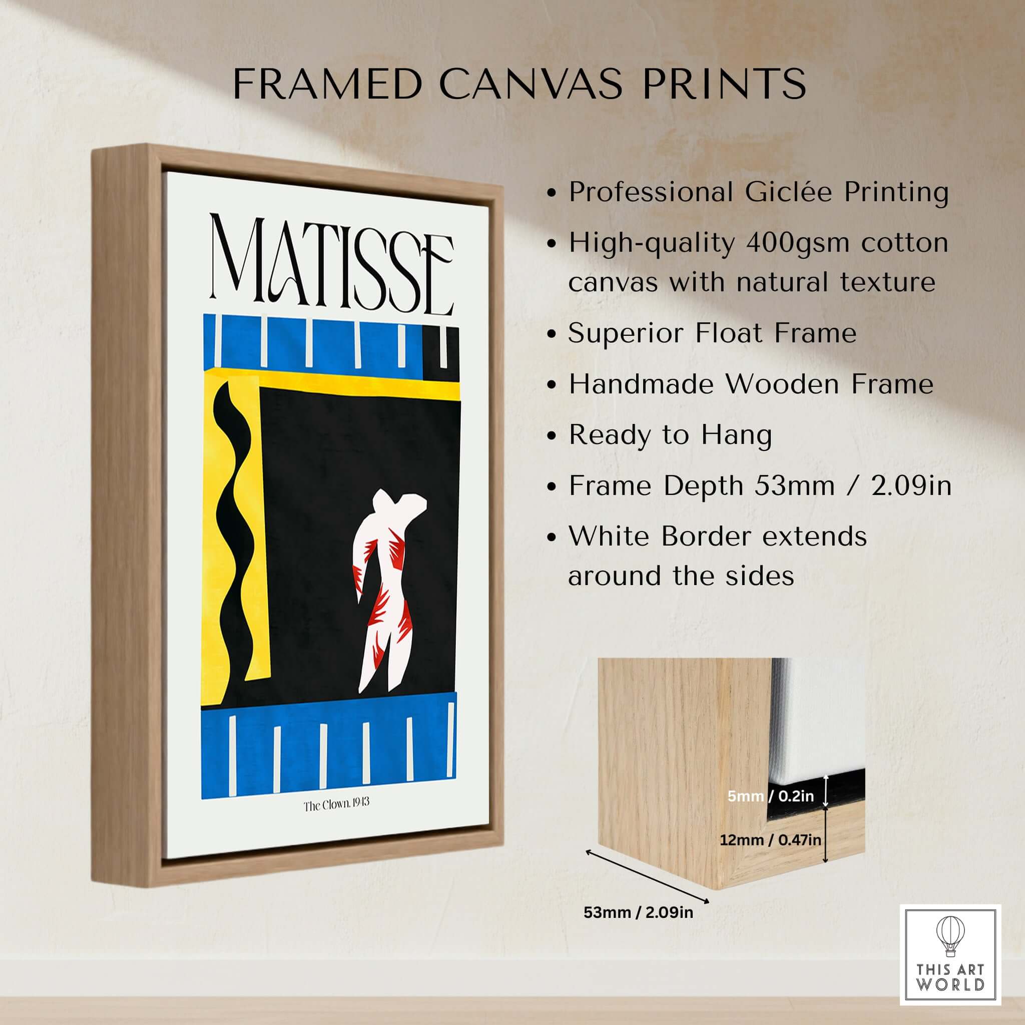 Matisse Art Print - The Clown 1943 Jazz Series Abstract Figure Poster framed with wooden border and professional printing details.