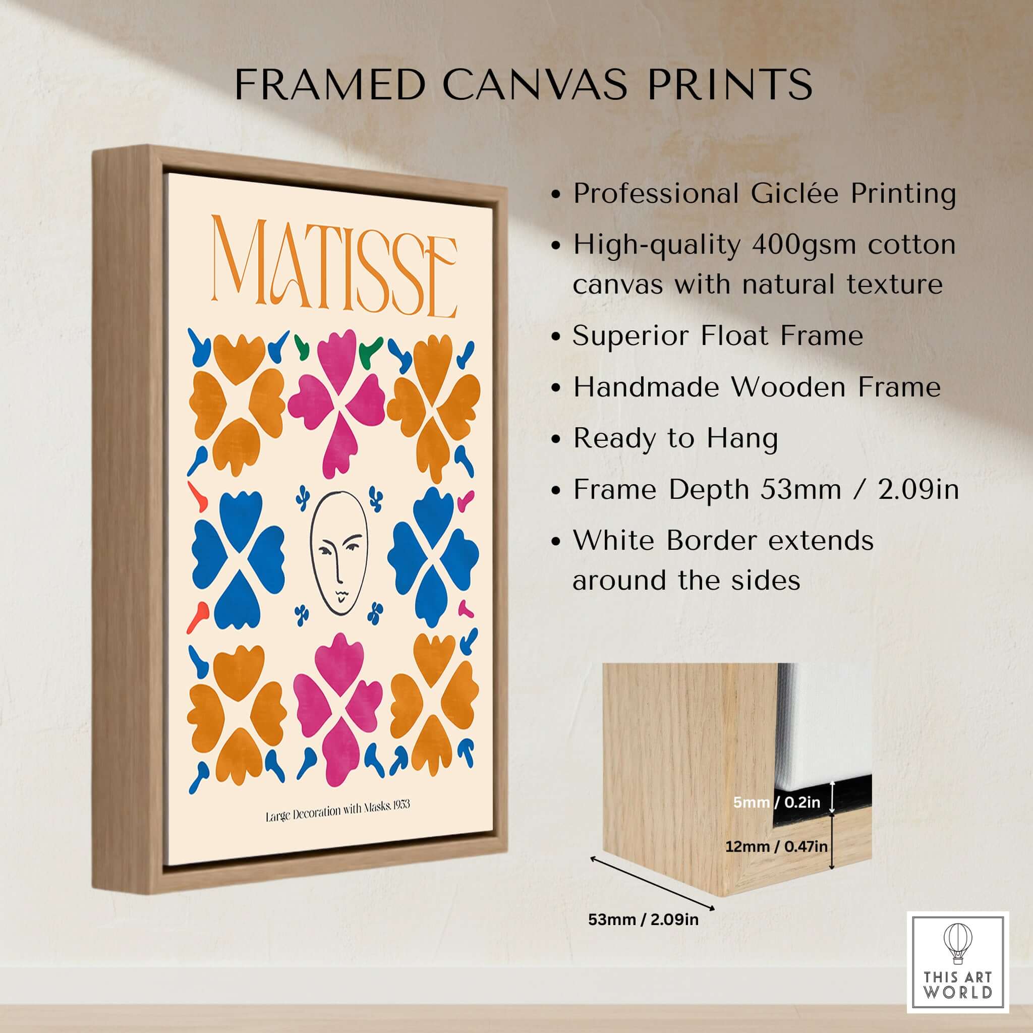 Matisse Art Print - Large Decoration with Masks Floral Pattern Poster featured in a framed canvas design.