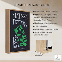 Matisse Art Print Composition Black Green White Abstract Poster 1947 framed canvas print with wooden frame and bold design.