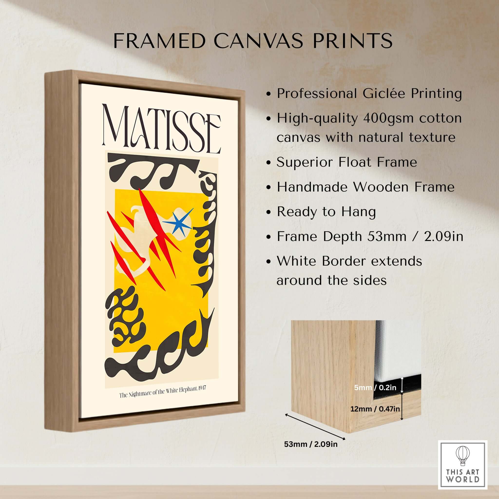 Matisse Nightmare of the White Elephant 1947 Abstract Art Print framed canvas showcasing vibrant colors and intricate design.