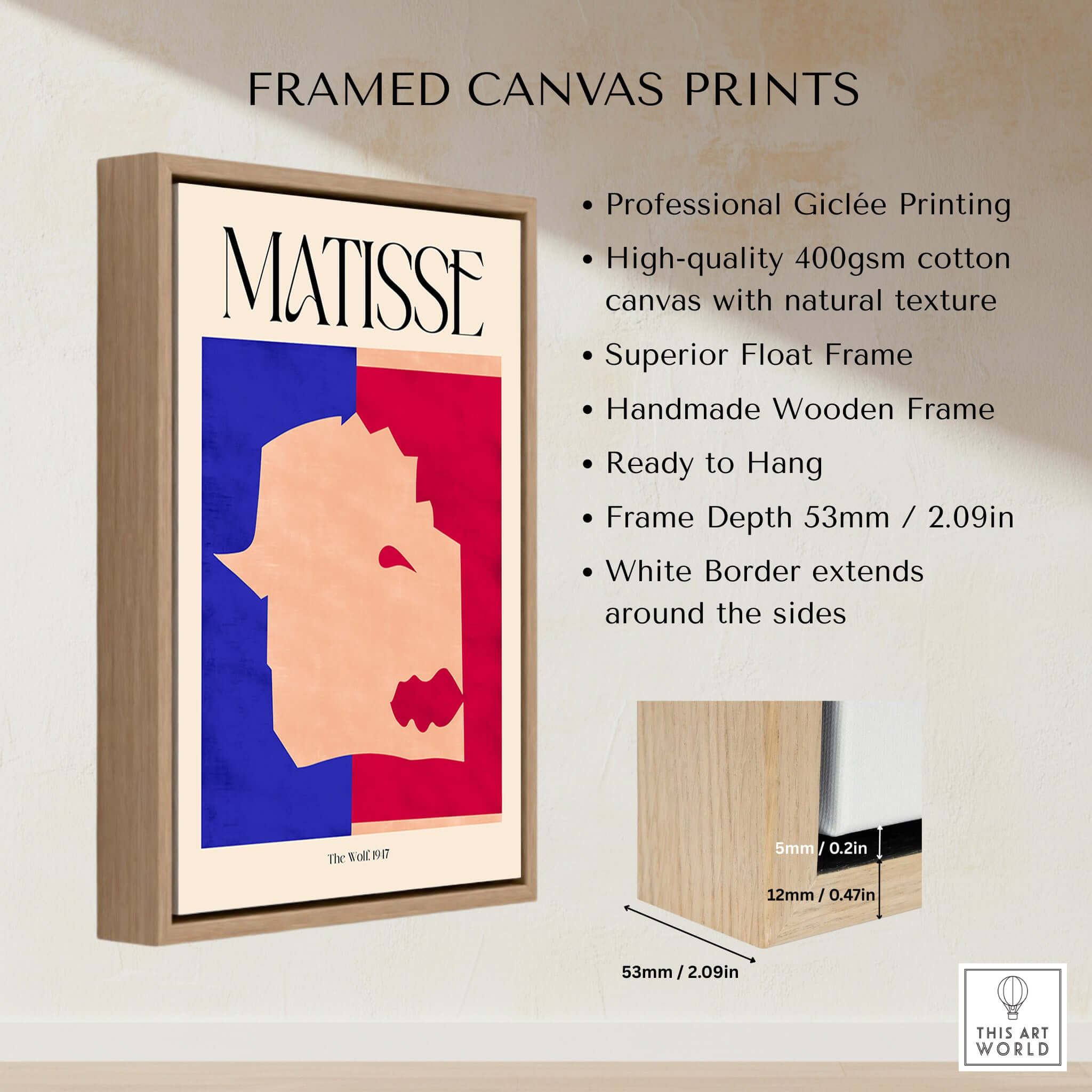 Matisse The Wolf 1947 Papiers Découpés Poster Print framed canvas with bold red and blue colors, ready to hang art.