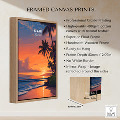 Maui Hawaii Wall Art Print | Tropical Beach Sunset Travel Poster framed canvas print featuring vibrant sunset and tropical scene.
