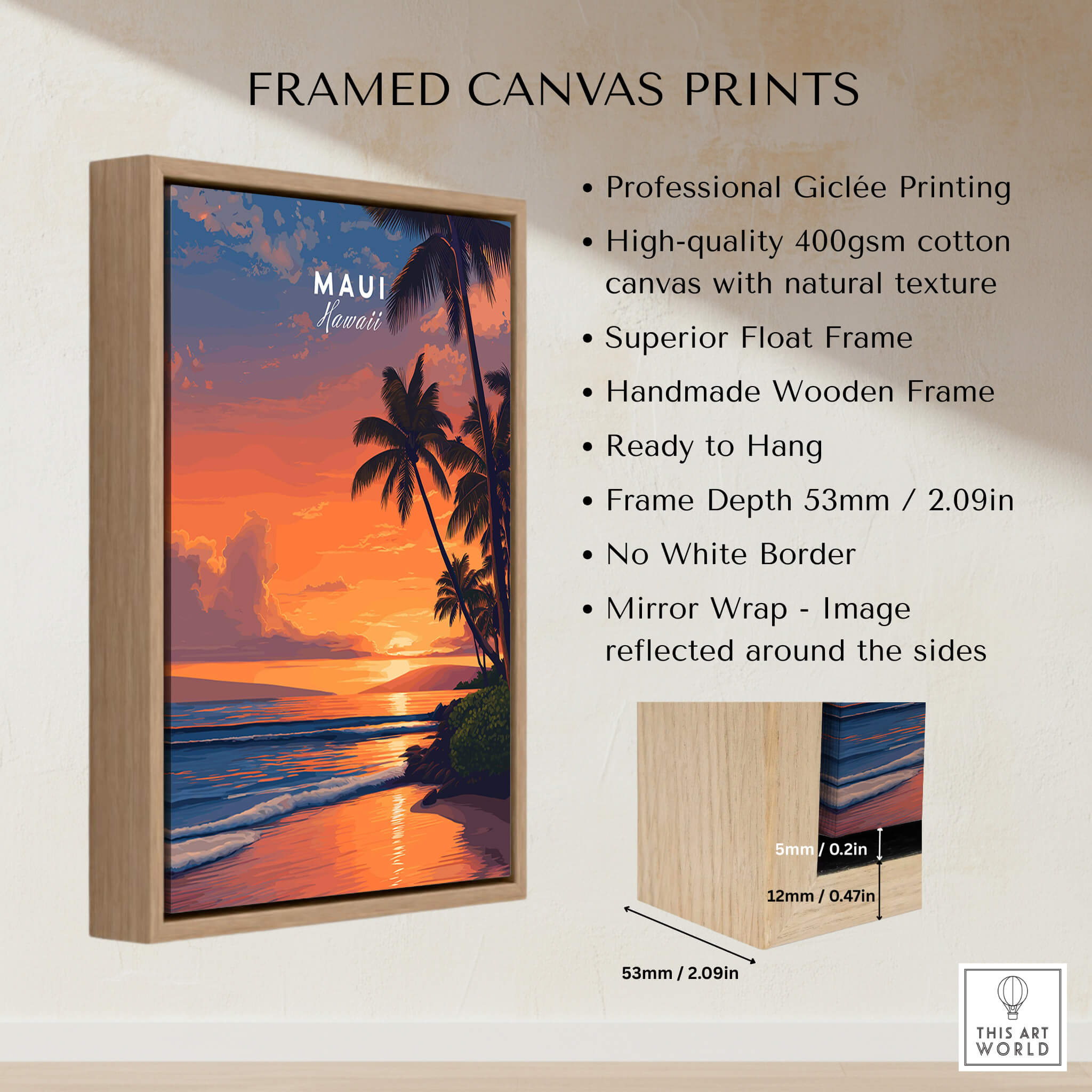 Maui Hawaii Wall Art Print | Tropical Beach Sunset Travel Poster framed canvas print featuring vibrant sunset and tropical scene.