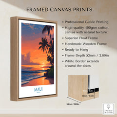 Maui Hawaii Poster | Vibrant Island Coastline Scene Canvas Print framed with a wooden border and professional printing features.