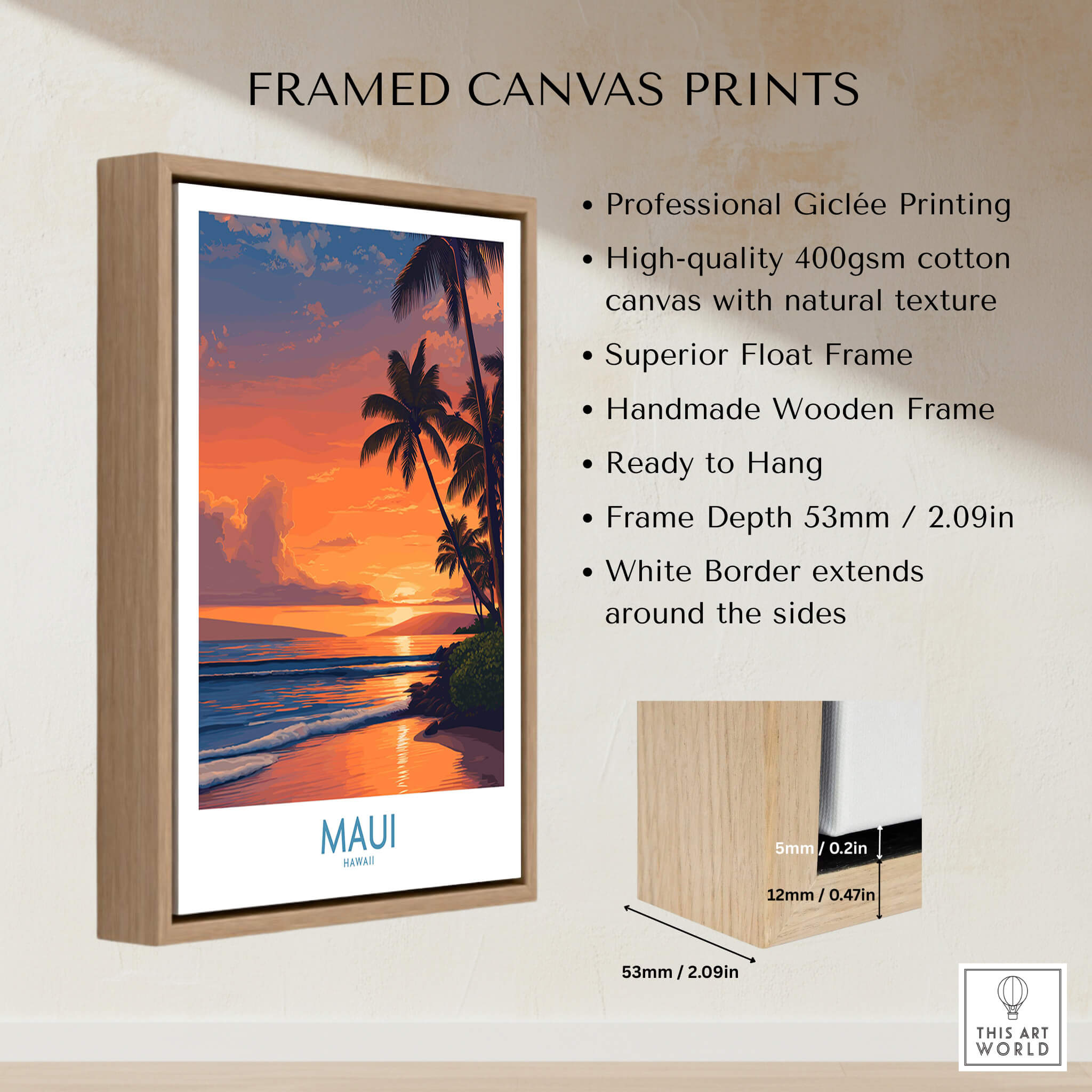 Maui Hawaii Poster | Vibrant Island Coastline Scene Canvas Print framed with a wooden border and professional printing features.