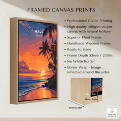 Maui Hawaii Travel Poster | Golden Hour Ocean Sunset Wall Art Print displayed in a wooden frame with vibrant colors.